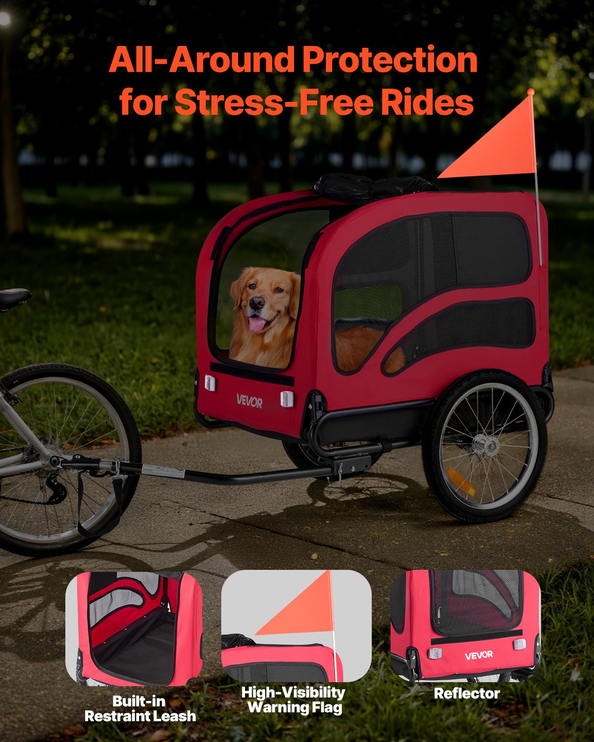 Dog Bike Trailer, Supports Up To 100 Lbs, Pet Cart Bicycle Carrier For Small & Large Dogs, Easy Folding Frame With Quick Release Wheel, Universal Bicycle Coupler, Reflector, Flag, Internal Leash — imagen 2