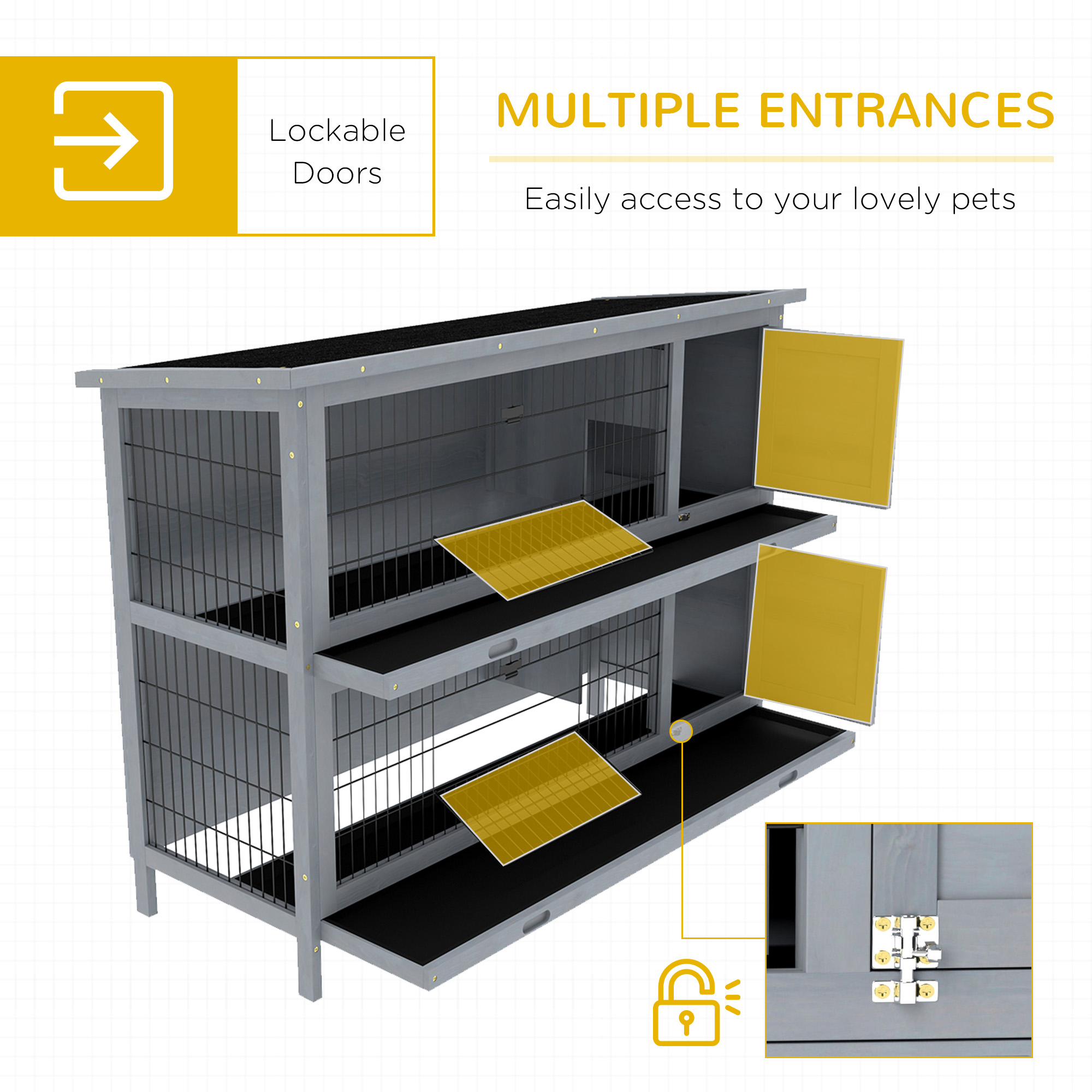 Conejera Grande de Madera de 2 Niveles de 54", Casa para Mascotas, Hábitat para Animales Pequeños con Puertas con Cerradura, Bandeja Antifugas y Techo Impermeable para Conejos, Gallinas y Patos, Interior/Exterior, Gris — imagen 6