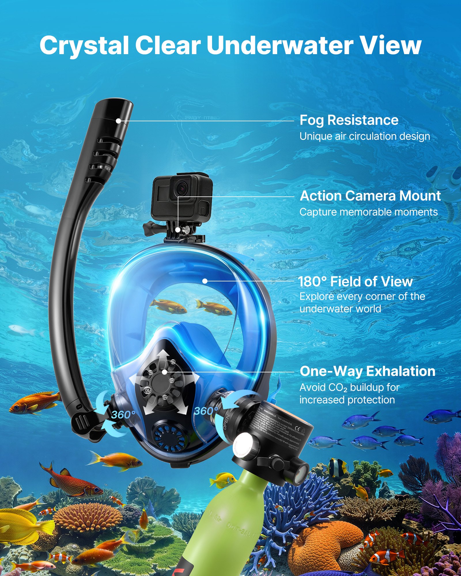 Tanque de buceo mini con máscara subacuática, 0,5L - Tanque portátil pequeño para respiración submarina, cilindro de respiración reutilizable hasta 10 minutos de tiempo de inmersión, botella pony de emergencia para snorkel — imagen 2
