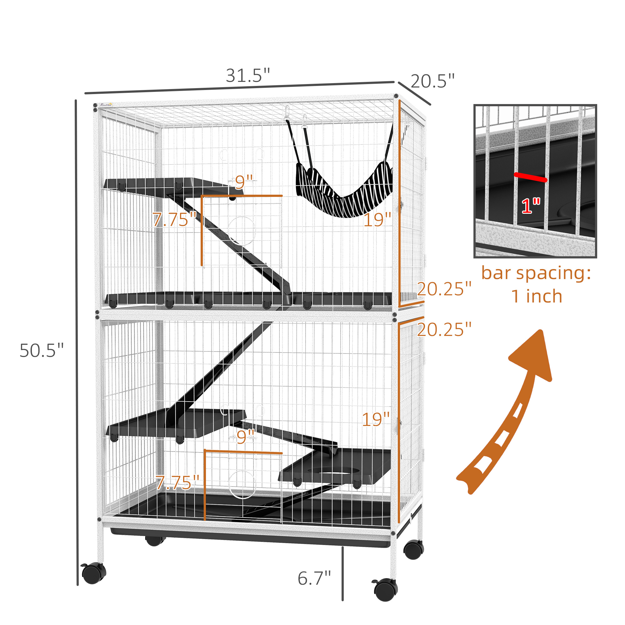 50" H Rolling Small Animal Cage with Hammock, Ferret Cage, Chinchilla Cage, Pet Habitat, wIth 4 Doors, Removable Tray — image 2