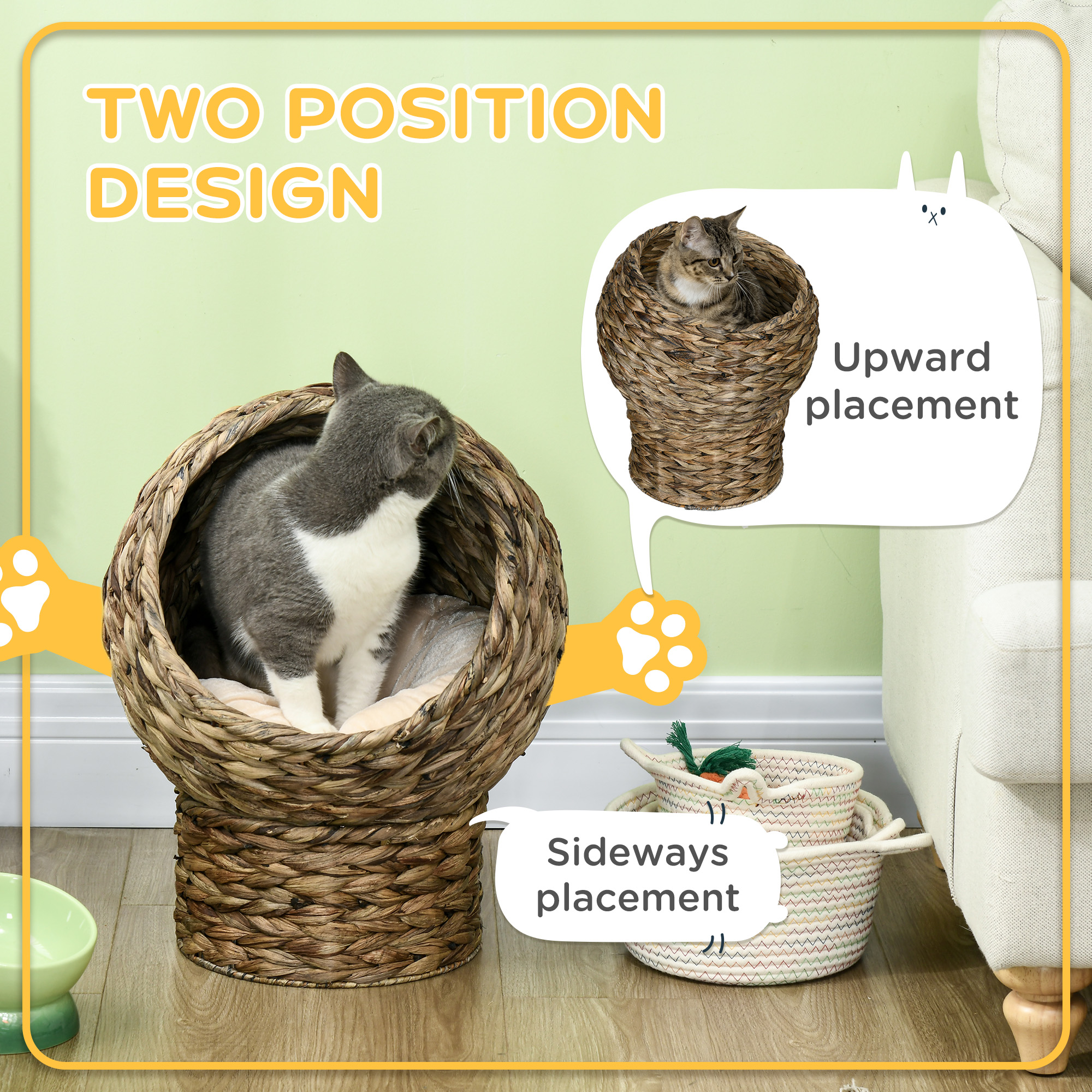 Caja de Sueño para Gatos Tejida a Mano con Almohada Suave y Forma de Silla de Huevo, Casa para Gatos en Redes Elevada con Soporte, 20" de Alto, Gris — imagen 7