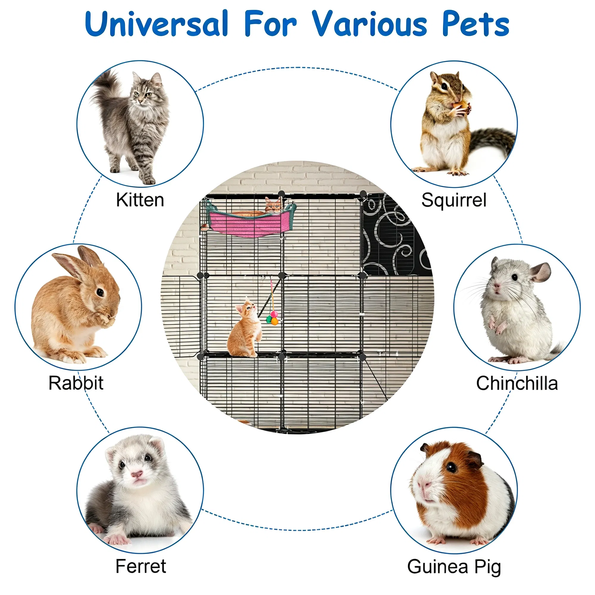 3-Level Metal Cat Cage Enclosure, Modular Pet Habitat with 3 Doors, 2 Ladders, Plush Hammock and Toy Ball for Small Indoor Animals — image 2