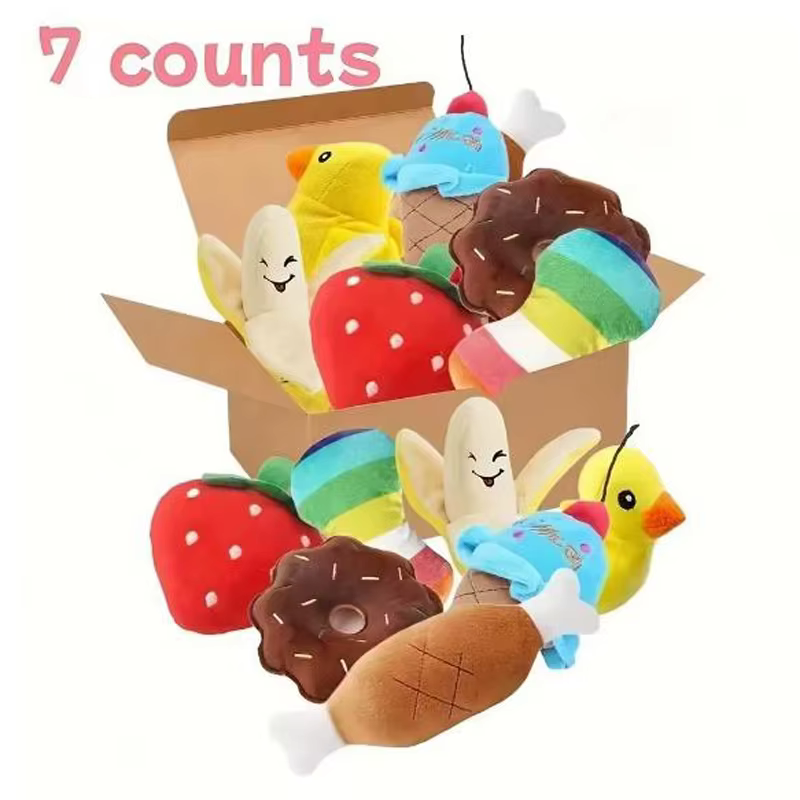 Set de 7 piezas de juguetes con sonido para cachorros, mordiscos de peluche suelto, bocadillos de fruta de peluche y juguetes de verduras para cachorros, aptos para juegos con mascotas — imagen 1