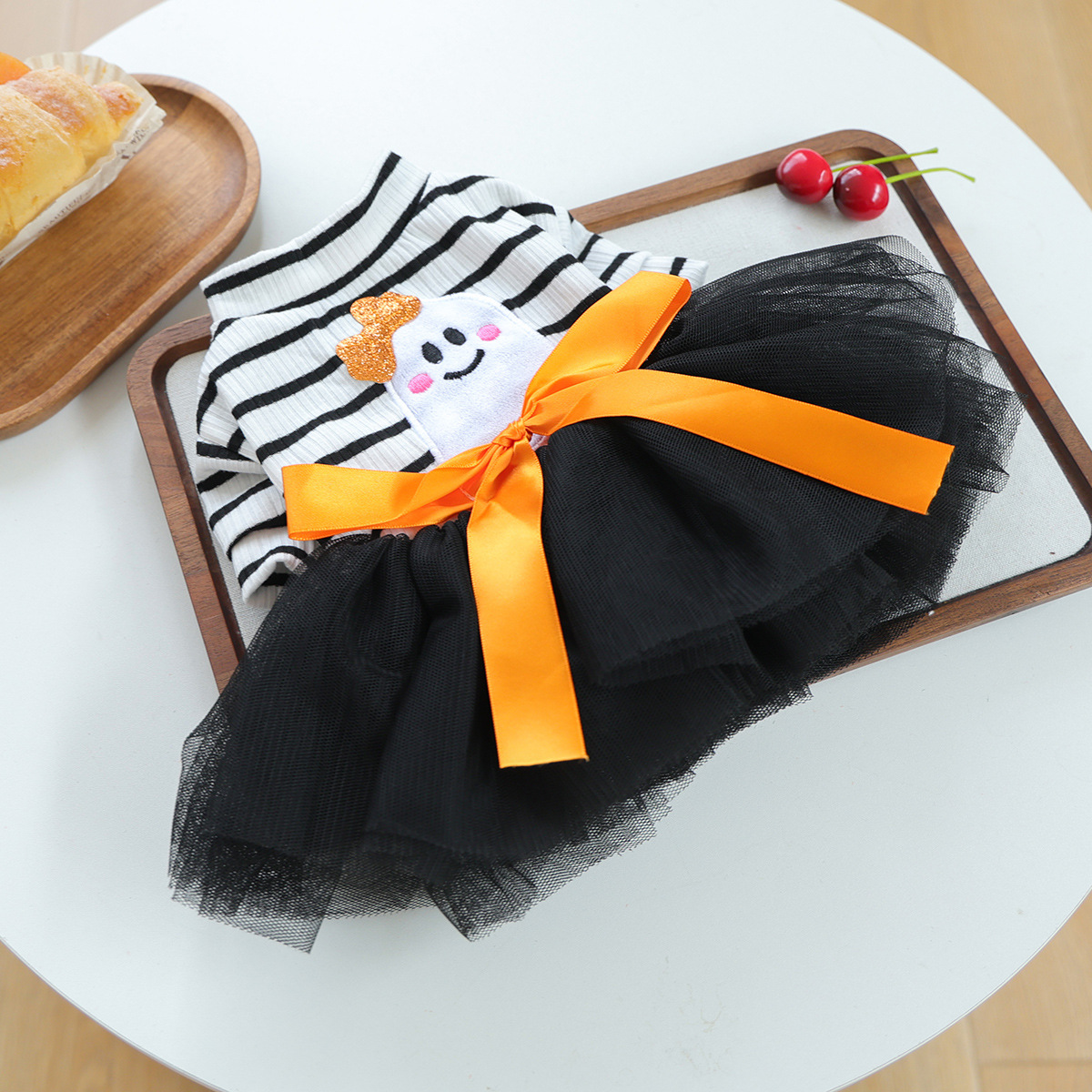 Striped Ghost Orange Bow Halloween Pet Tulle Dress for Maltese Cats, Black Mesh Holiday Formal Wear — image 5
