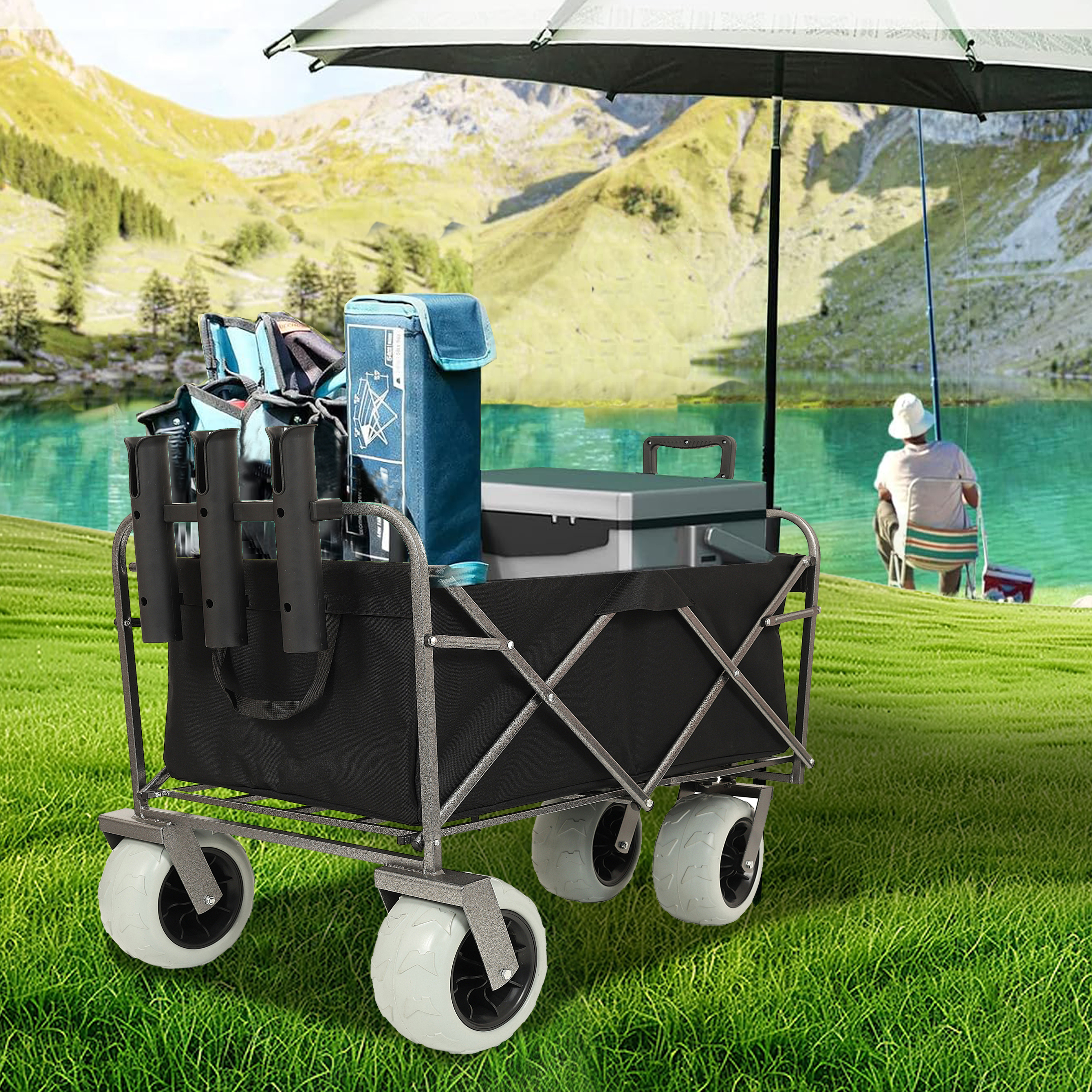 Carro de Pesca con Soportes para Cañas, Wagon de Playa con Ruedas Grandes para Arena 500lb Capacidad - Carro Útil de Acero Todo Terreno con 9 Neumáticos y Bolsa Multifuncional Negro — imagen 3