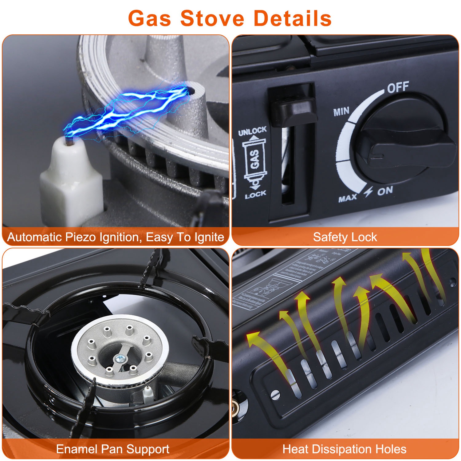 Estufa Portátil de Camping 3300W, Quemador Dual para Cartucho de Butano, Encendido Piezoeléctrico, Un Quemador con Expulsión Automática del Tanque y Corte por Sobrepresión, Estuche de Transporte para Camping, Senderismo, Picnic y Pesca — imagen 10