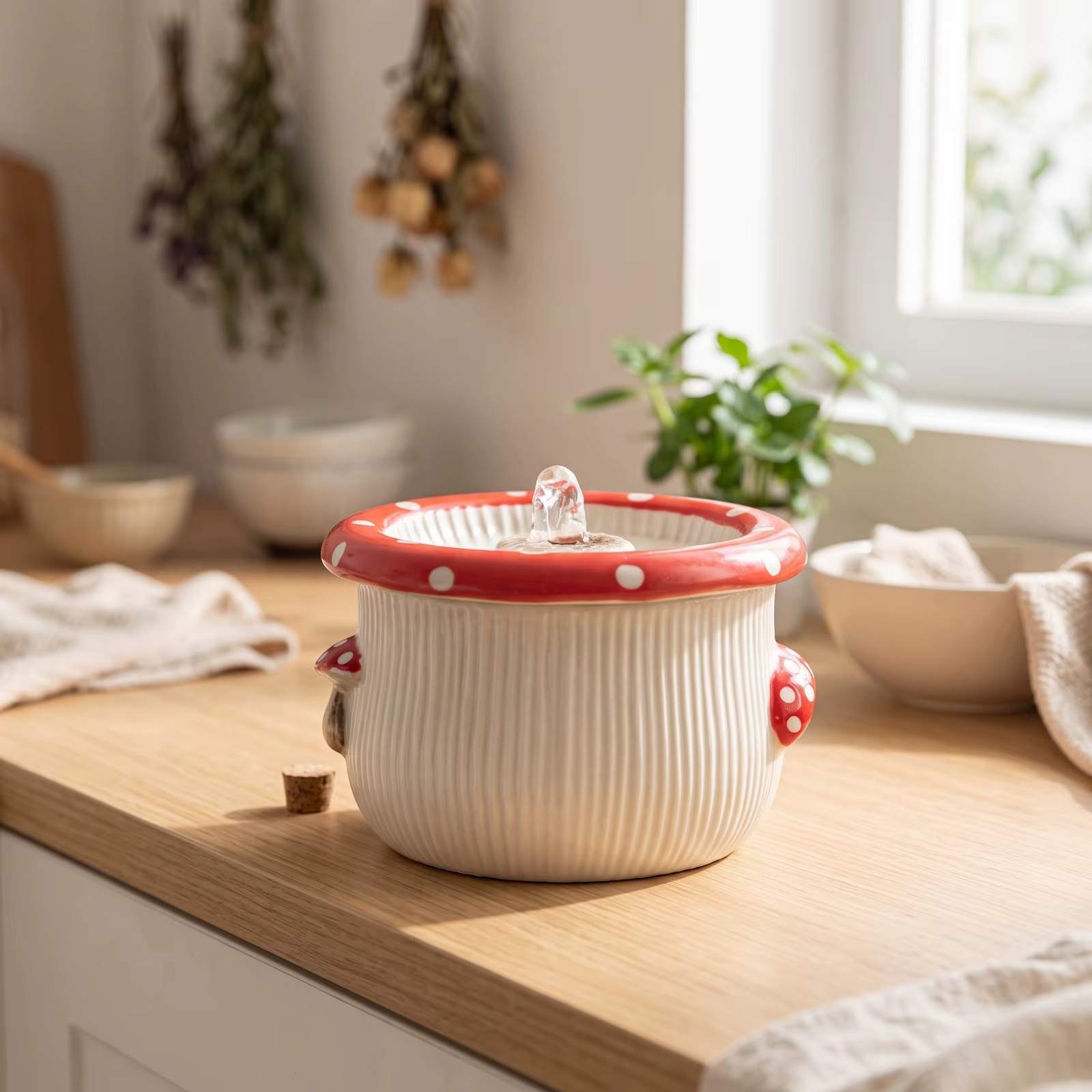 Ceramic Pet Fountain with Filter Pump Mushroom Themed Water Station Fresh Water Flow Easy to Place for Cat Owners — image 3
