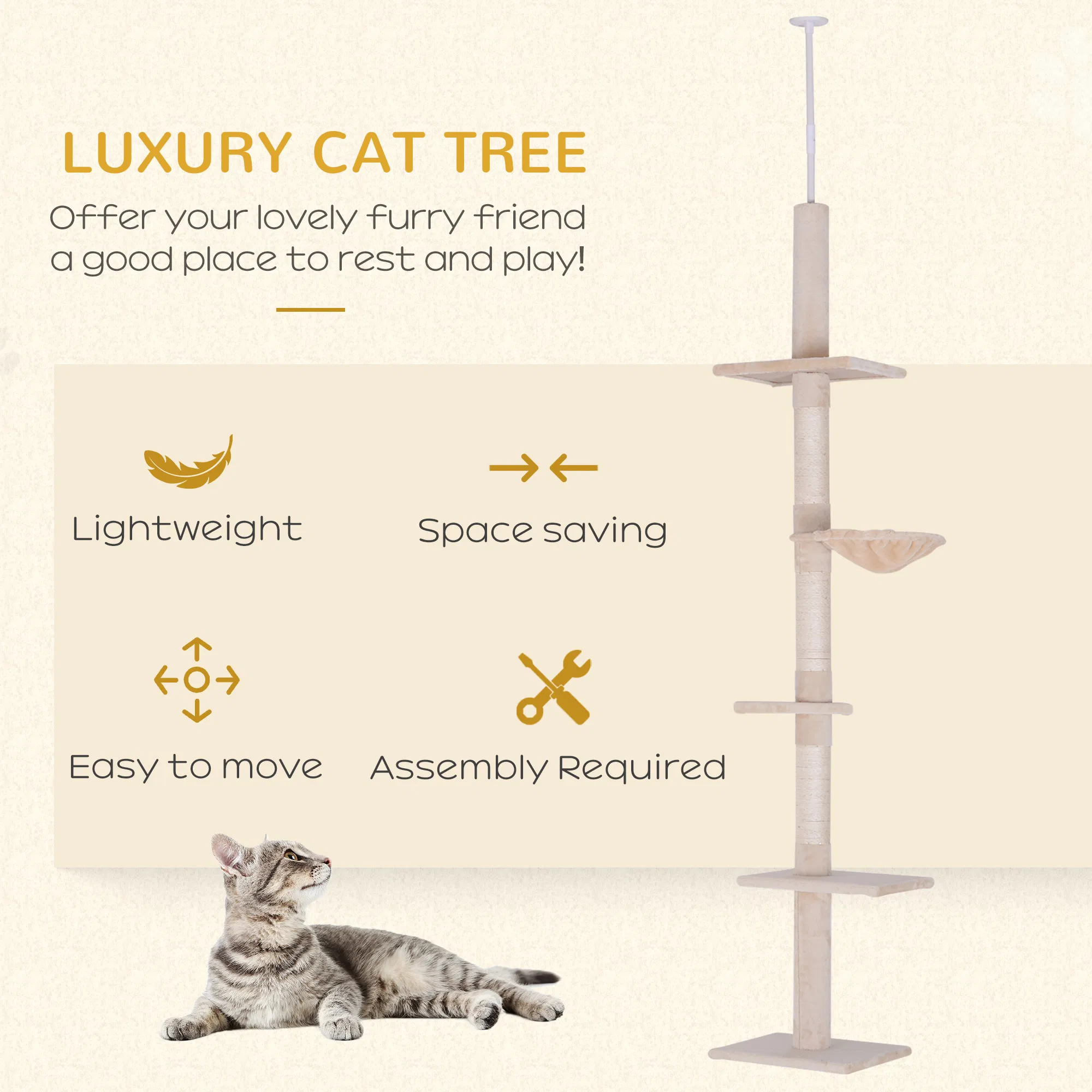 Cat Climbing Tree 5-Tier Kitty Activity Center with Scratching Post Beige — image 2