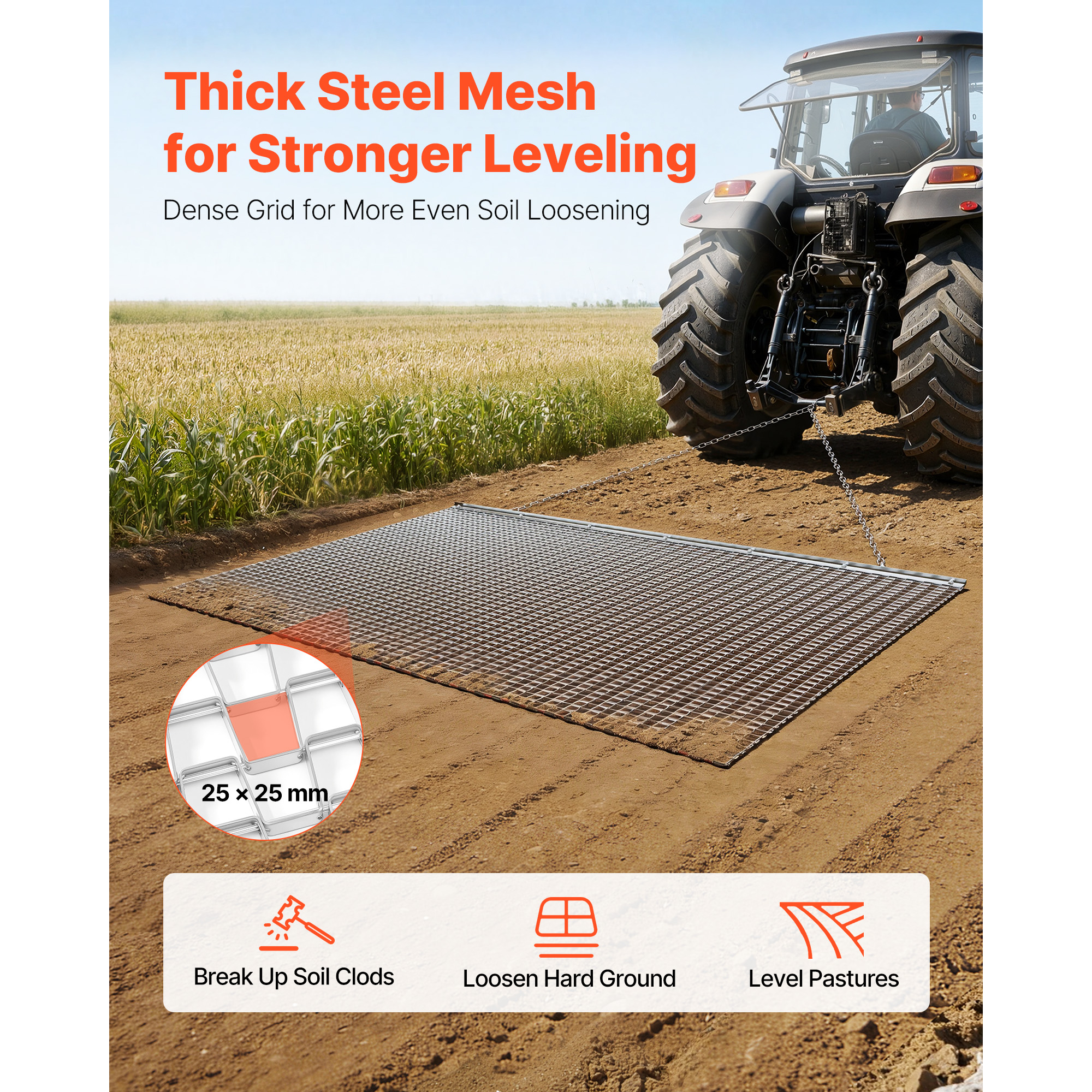 Drag Harrow, 6.6 X 4 Ft, High-Efficiency Chain Harrow Rake, ATVs UTVs Tractors Attachments, Durable Galvanized Steel Mesh Drag Mat With Towing Chain, For Gravel Driveway Ruts Farm Field Leveling — imagen 3