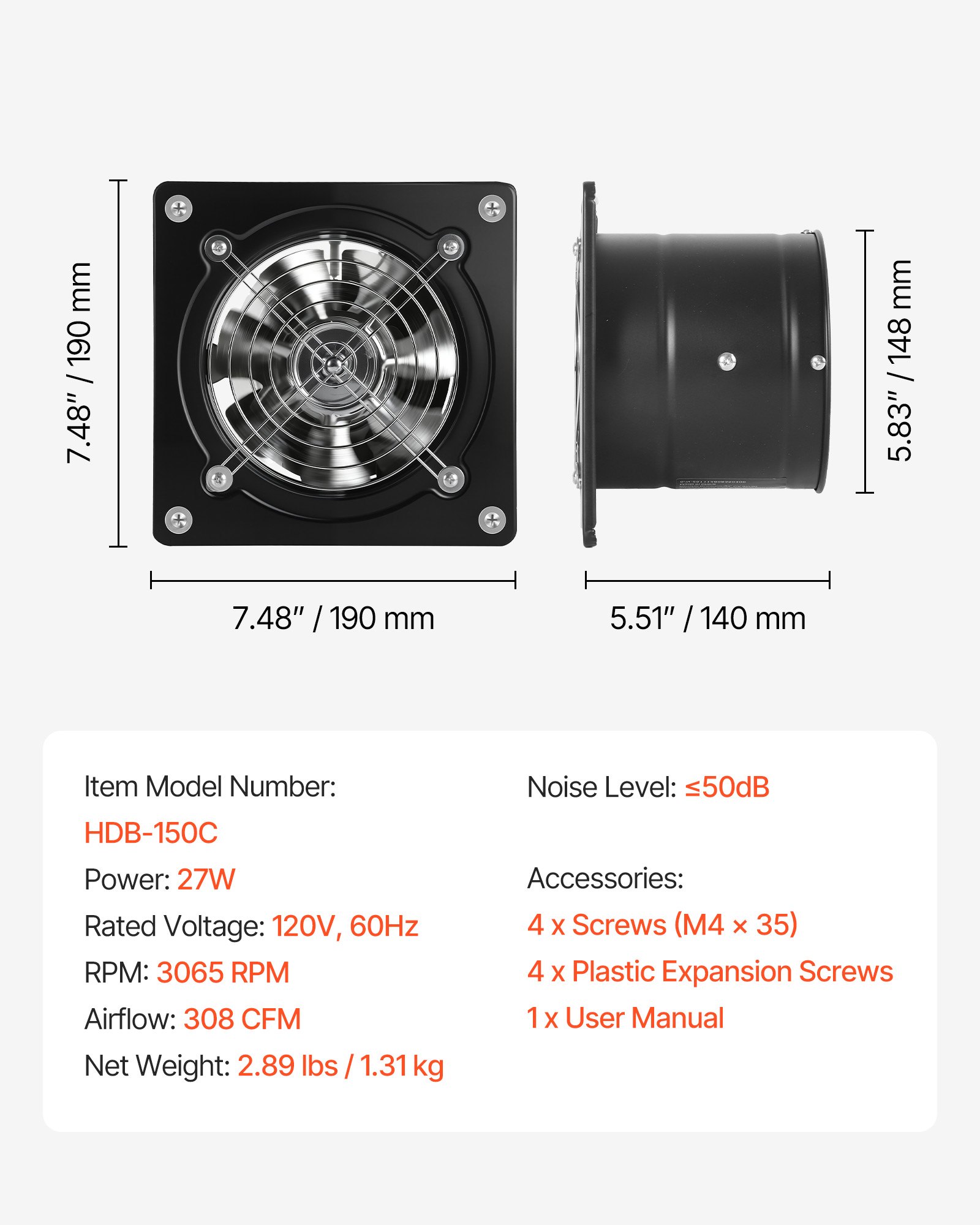 Ventilador de Exhausto 308 CFM con Alto Rendimiento de Velocidad, Montaje en Pared con Control On/Off, Baja Consumo, Extractor Portátil de Ventilación para Sótano, Garaje, Cocina, Pollo, Negro — imagen 1