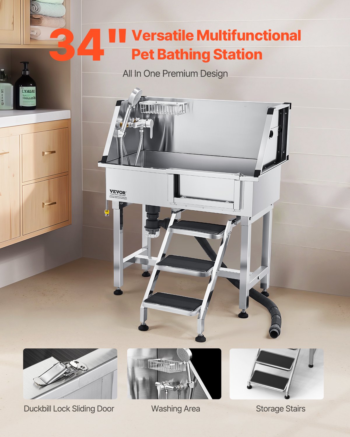 Estación de Lavado para Perros de 34", Tina de Aseo de Acero Inoxidable, Fregadero Profesional para Lavar Perros con Regadera, Grifo, Porta Jabón, Escalera Antideslizante, Diseño de Fácil Limpieza para Mascotas Pequeñas y Gatos (Puerta Derecha) — imagen 2