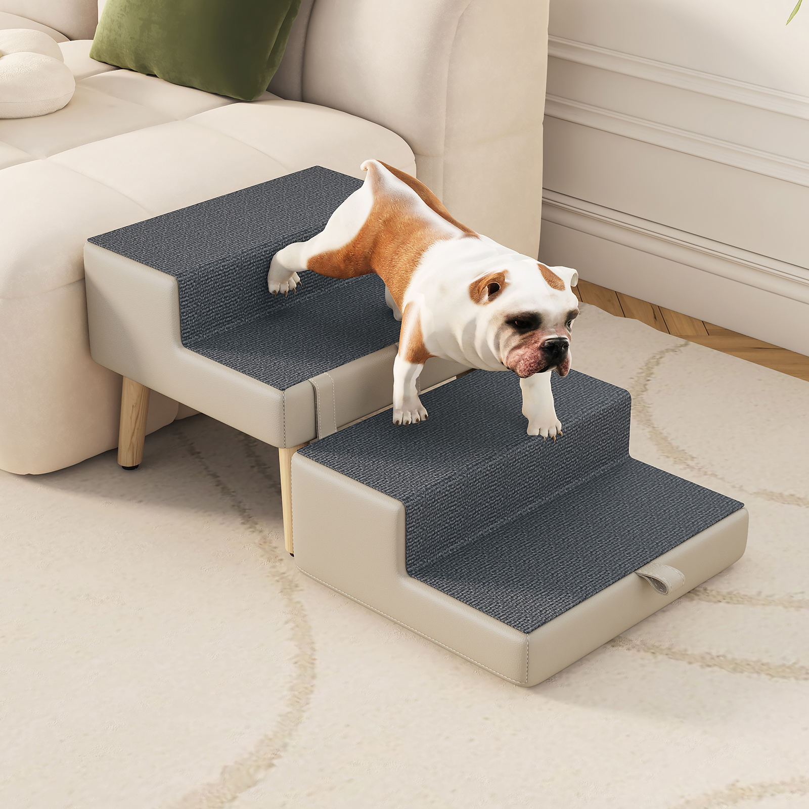4-Step Ottoman Dog Stairs, 2-in-1 Foldable Pet Ramp for Bed, Dog Ramp for Small Puppy and Cats, Sturdy Wood Frame Support with Non-slip walking surface, Holds Up To 220lbs ( Light Grey Color ) — image 12