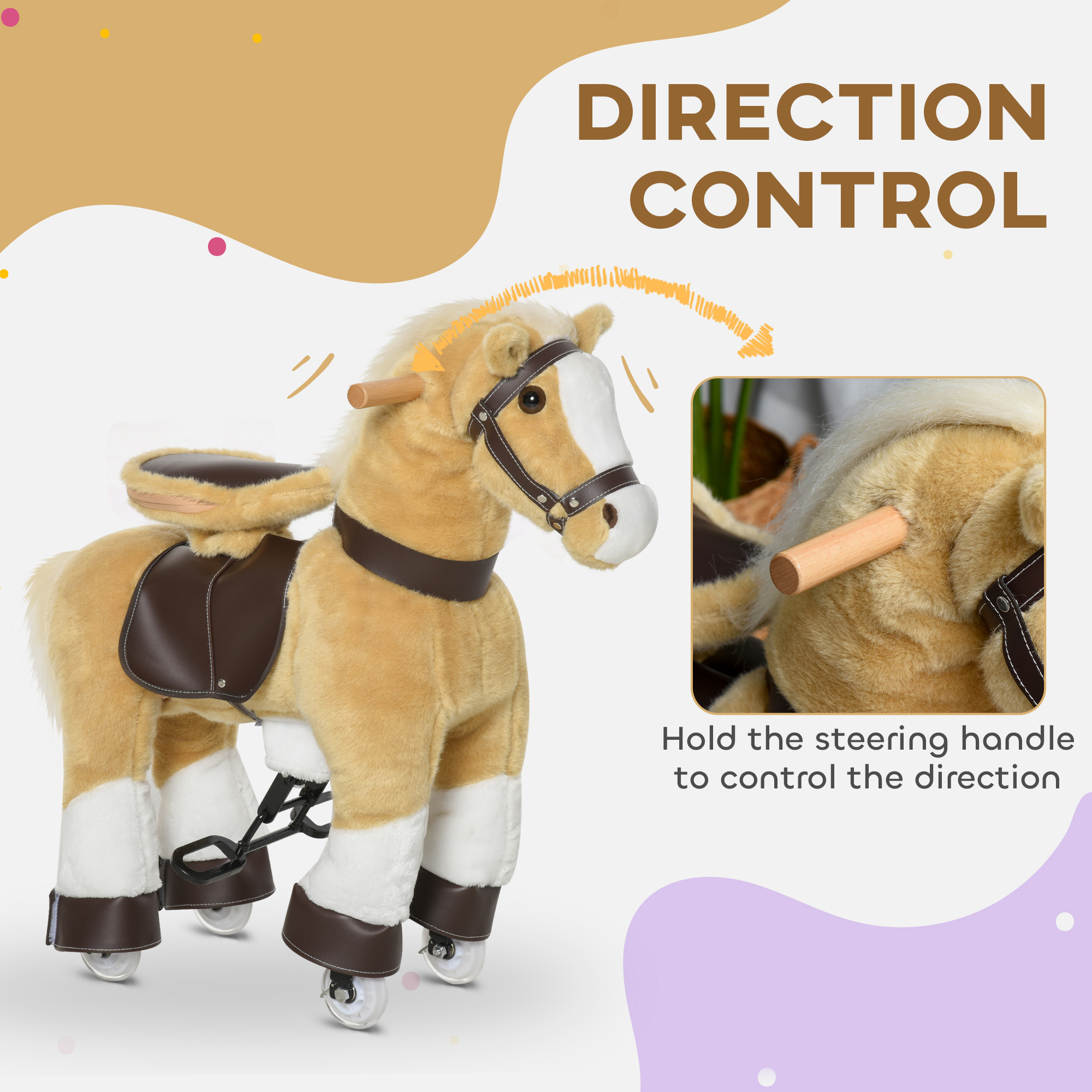 Caballo de Montar Plush, Caballo Andador para Niños con Ruedas, Edad 3-8 Años, Marrón Claro — imagen 8