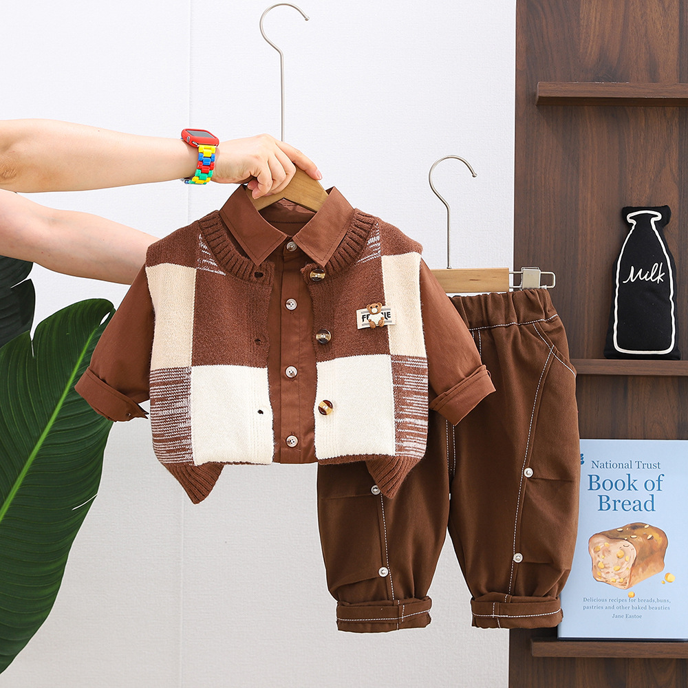 Baby Boys Clothes Set 0-4 Years Spring Autumn Square Bear Print Sweater Vest Shirt Pants Outfit — image 4