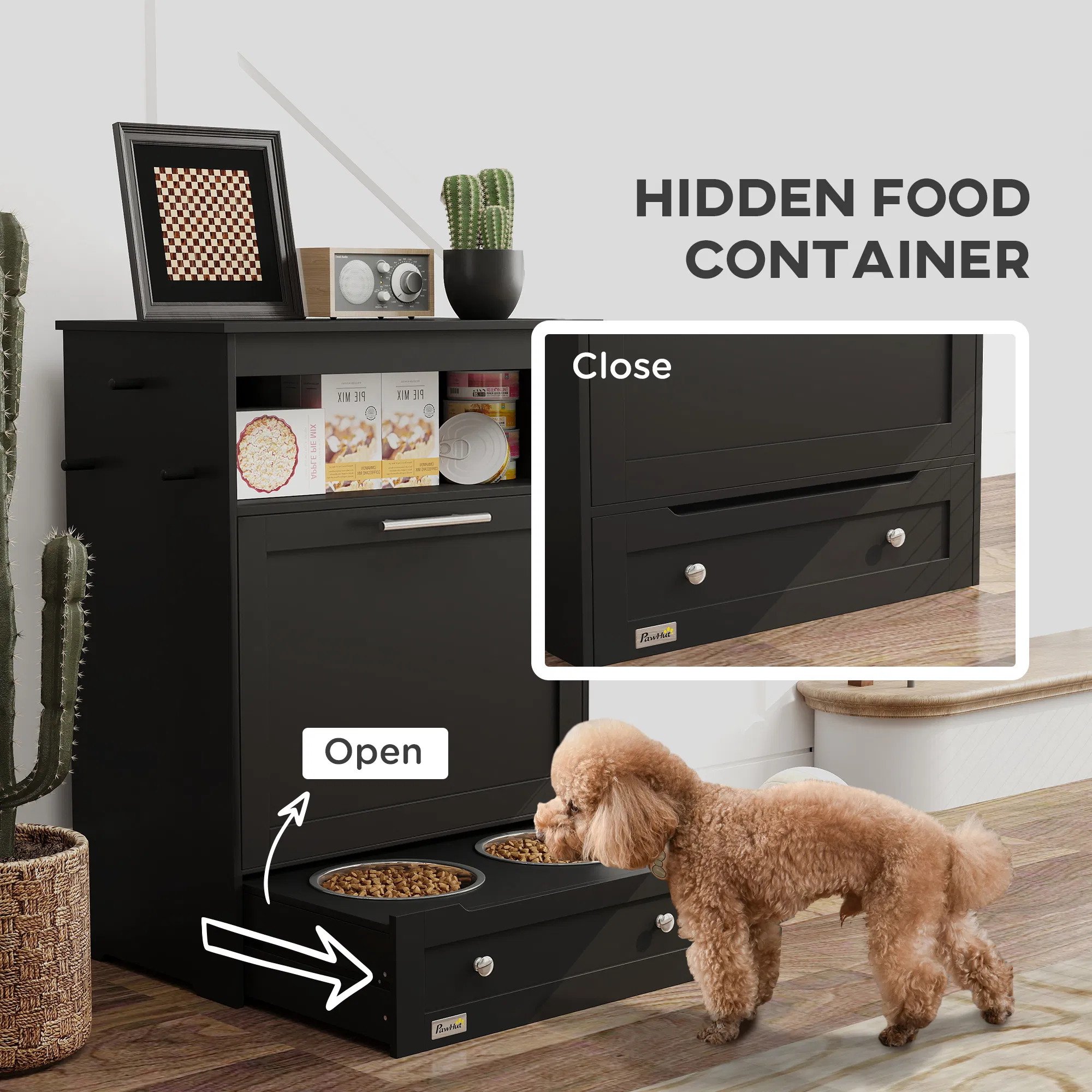 Pet Feeder Station Storage Cabinet, Dog Food Storage Container with Dog Raised Bowls, Watering Supplies, Black — image 5