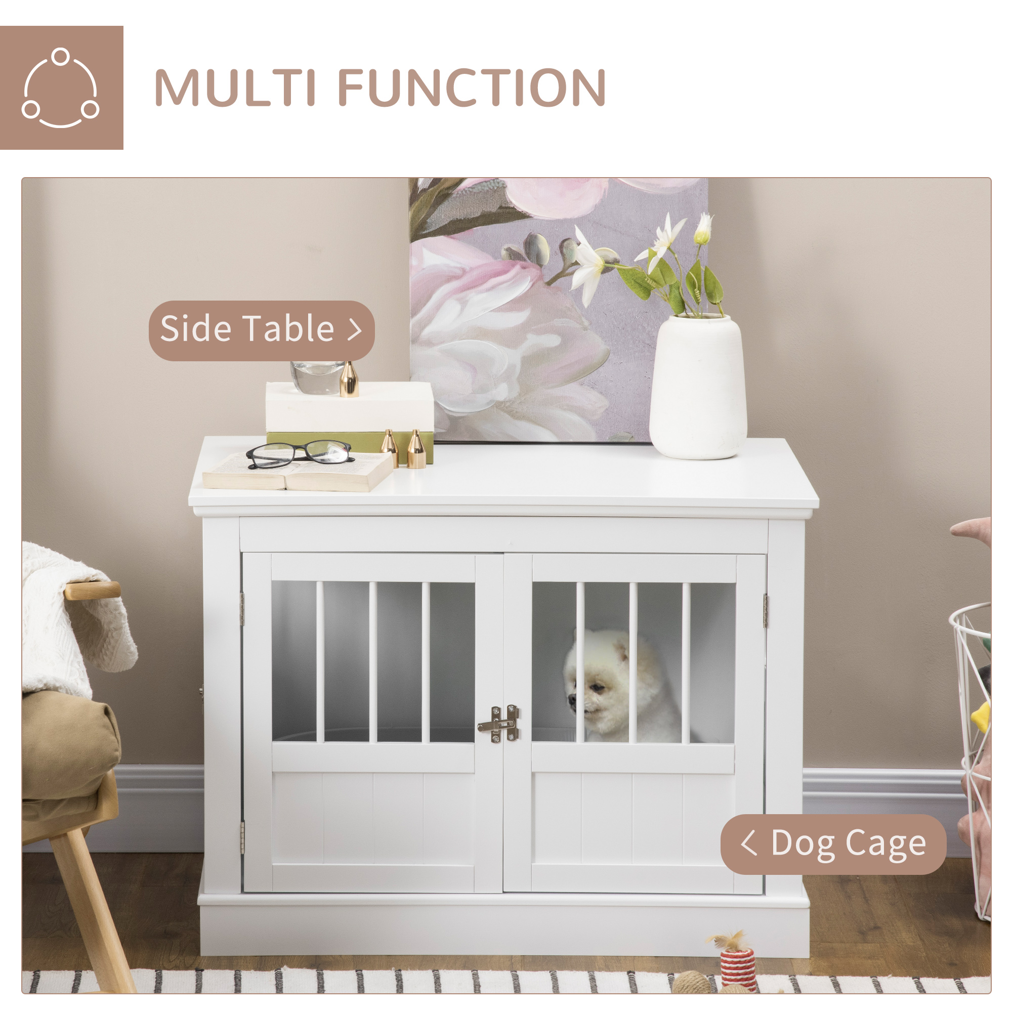 Wooden Dog Crate End Table, Dog Crate Furniture With Triple Doors, Puppy Crate For Small Dogs Indoor Use, White — image 2