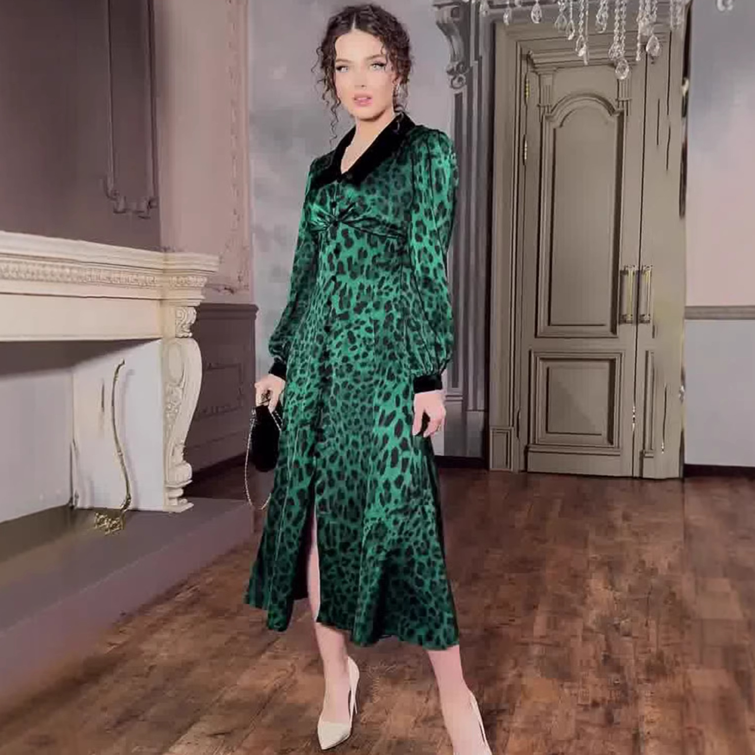 Chic Fitted Waist Leopard Print Long Dress, Printed Slimming Dress Fashion Spring — image 5