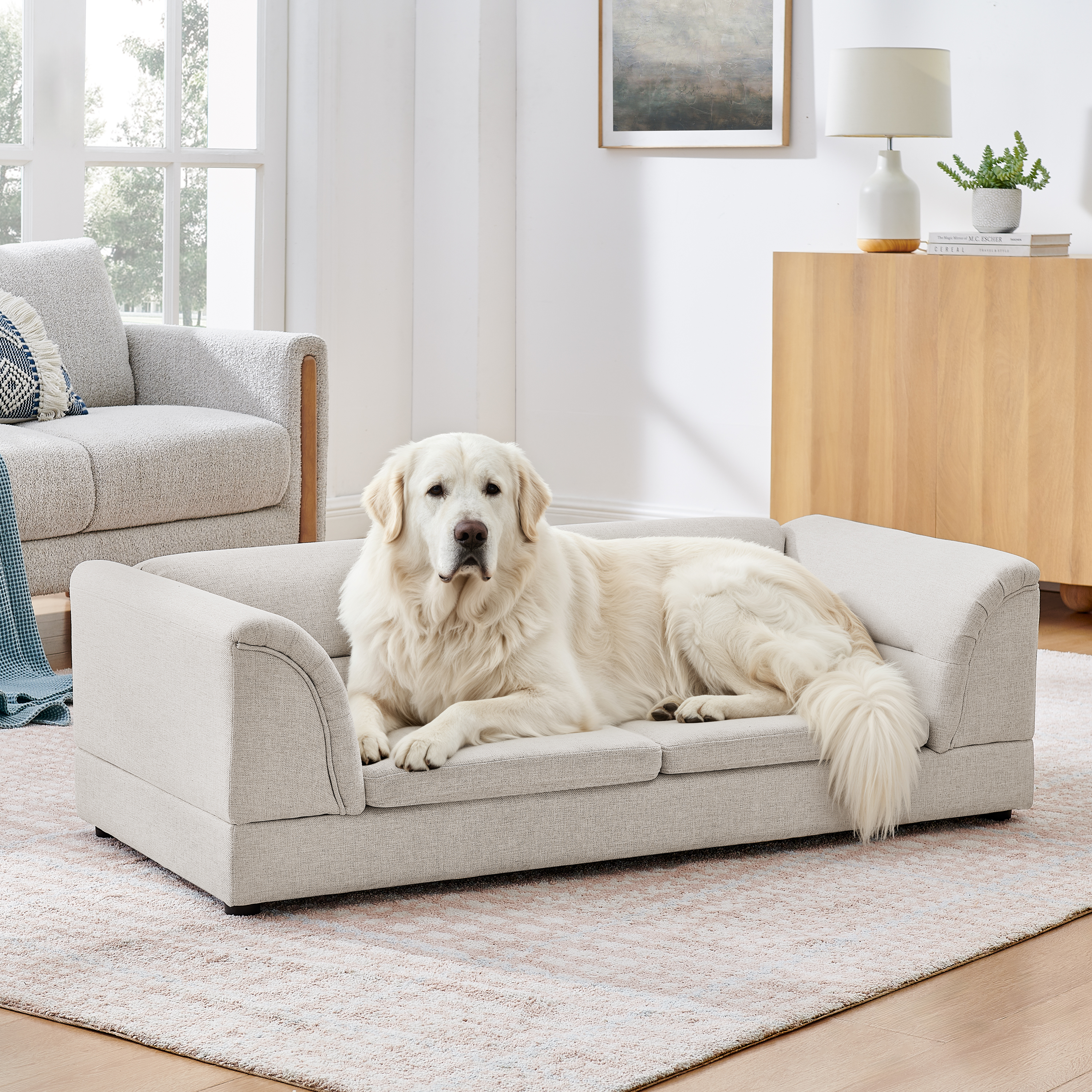 Silla de Comodidad para Mascotas Grande, Sofá Rectangular con Brazo Curvo en Tela de Lino para Perros Grandes - Beige — imagen 1