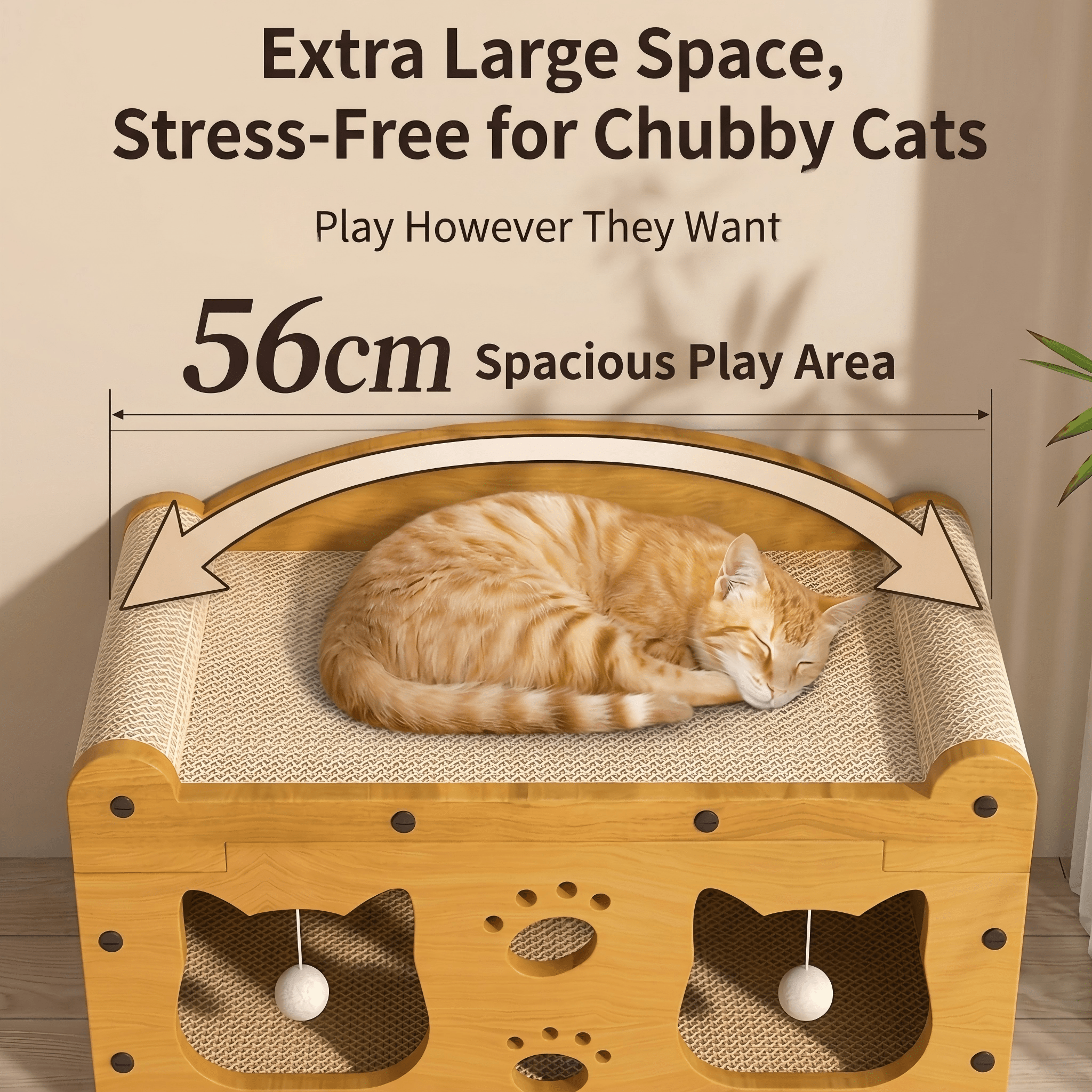 Casa de Gato Multiestilo con Dos Capas: 2 Niveles Grande para Perros y Gatos con Cartón Corrugado, Bolas Suspensas Interactivas y Soporte Cervical Ergonómico para Hogares con Muebles — imagen 3
