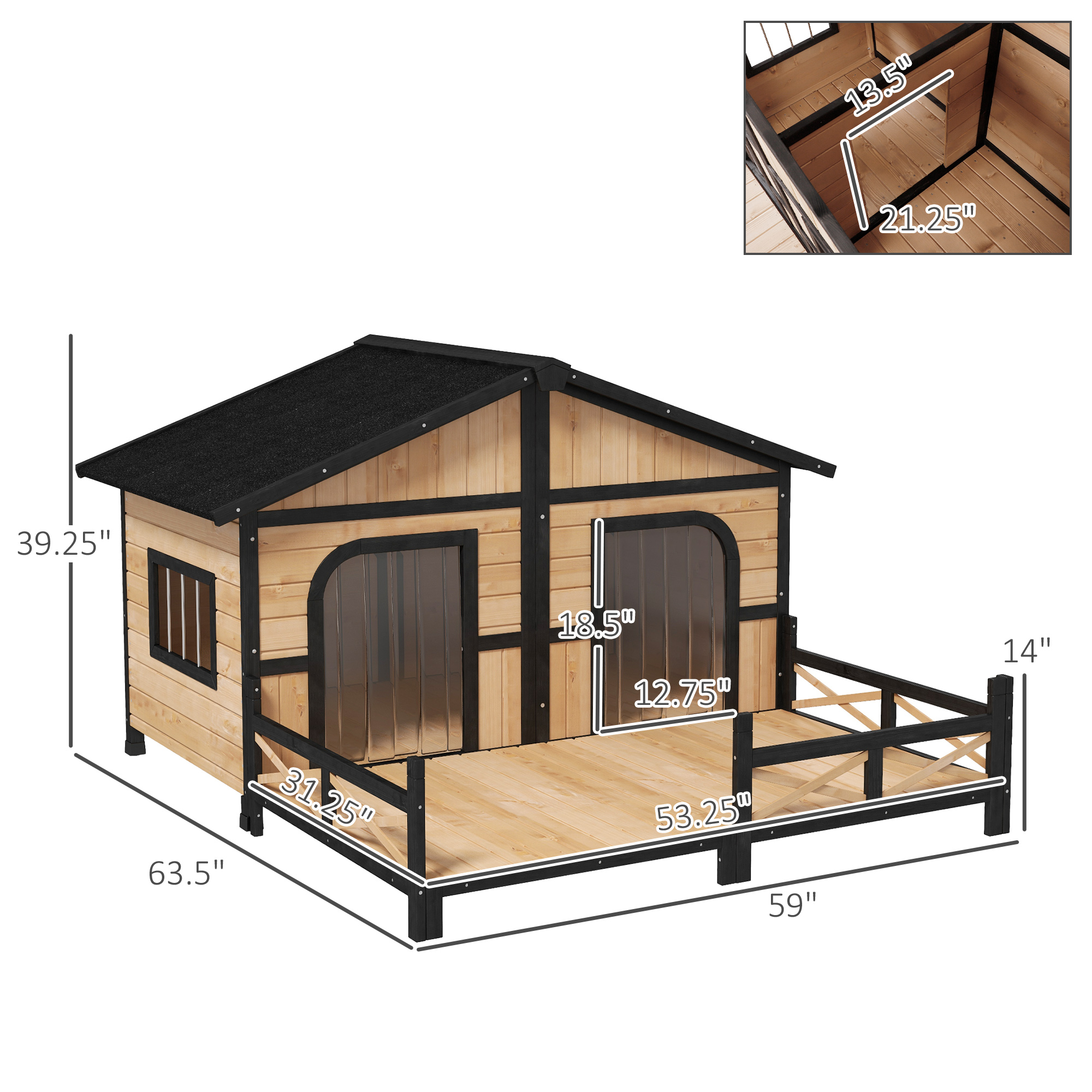 Casa para Perro Grande de Madera 59x64x39, Elevada y Resistente a la Intemperie, Estilo Cabaña Rústica, Refugio para Mascotas Elevado con Terraza, Natural — imagen 3