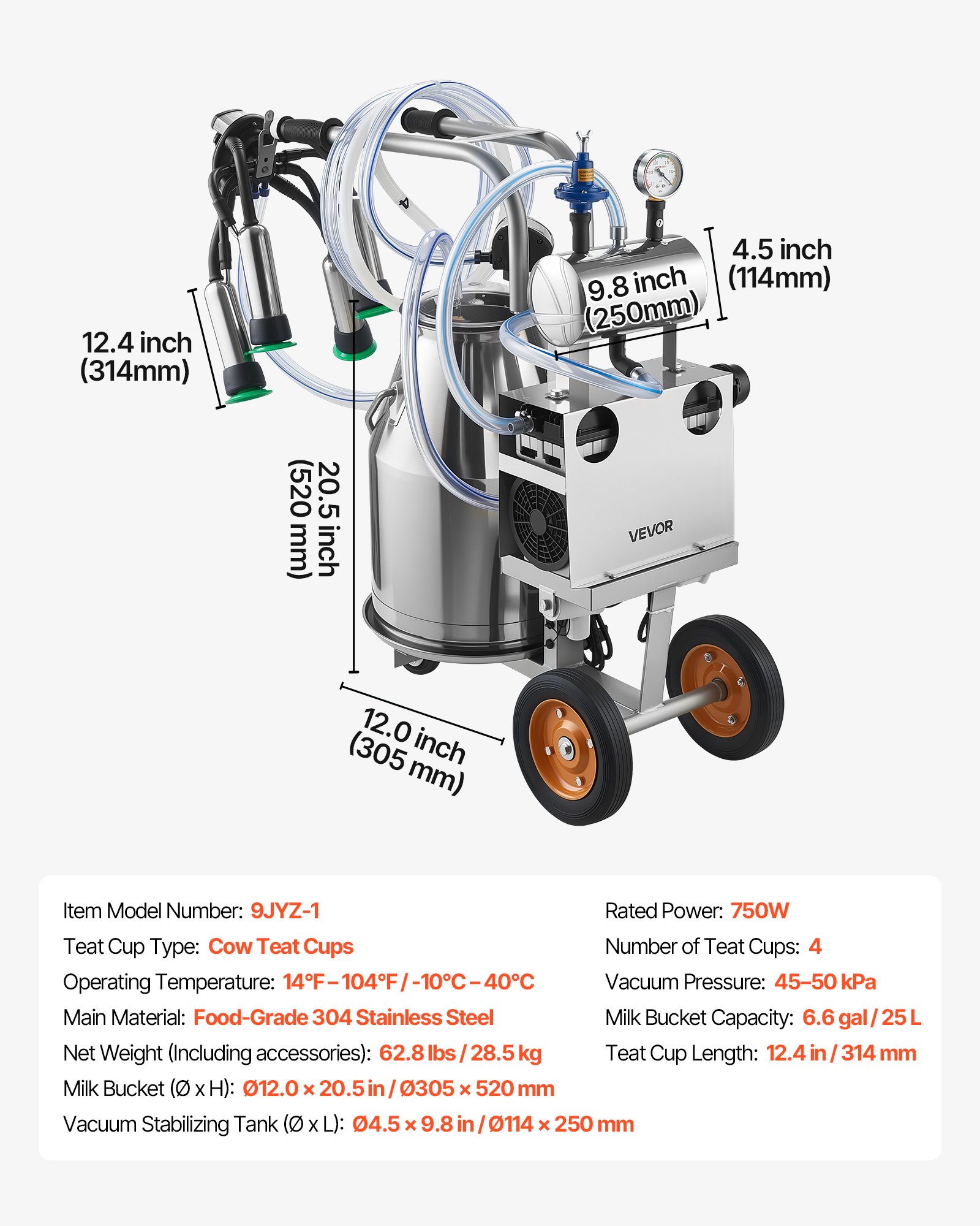 Electric Cow Milking Machine, 6.6 Gal / 25 L 304 Stainless Steel Bucket, Food-Grade Teat Cups And Silicone Hose, Strong Suction, Vacuum Pulsation, Electric Milker Machine With Wheels For Cow — image 1