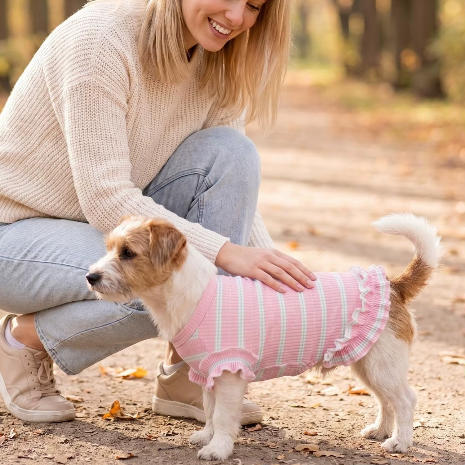 Ropa de verano para perros pequeños: camiseta de tirantes con volantes y rayas, top transpirable con punto ribeteado, chaleco para cachorros, ropa de perro dulce y frillada — imagen 3