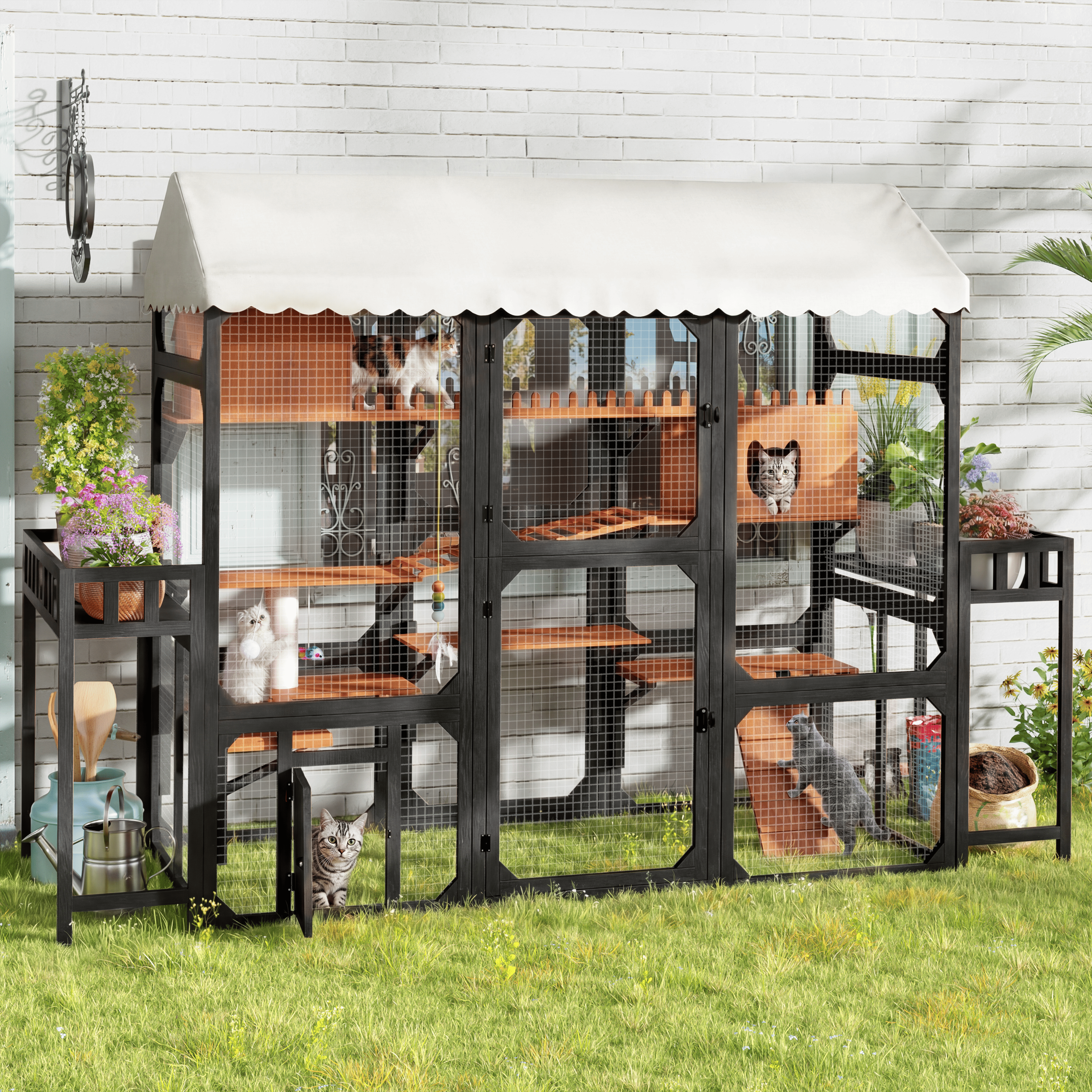 Cierre Exterior para Gatos Grande con 2 Soportes de Plantas, Jaula Multinivel para Gatos con Techo Resistente al Tiempo, Box de Descanso, Rampas de Escalada y Malla Metálica para Patio, Negro — imagen 1