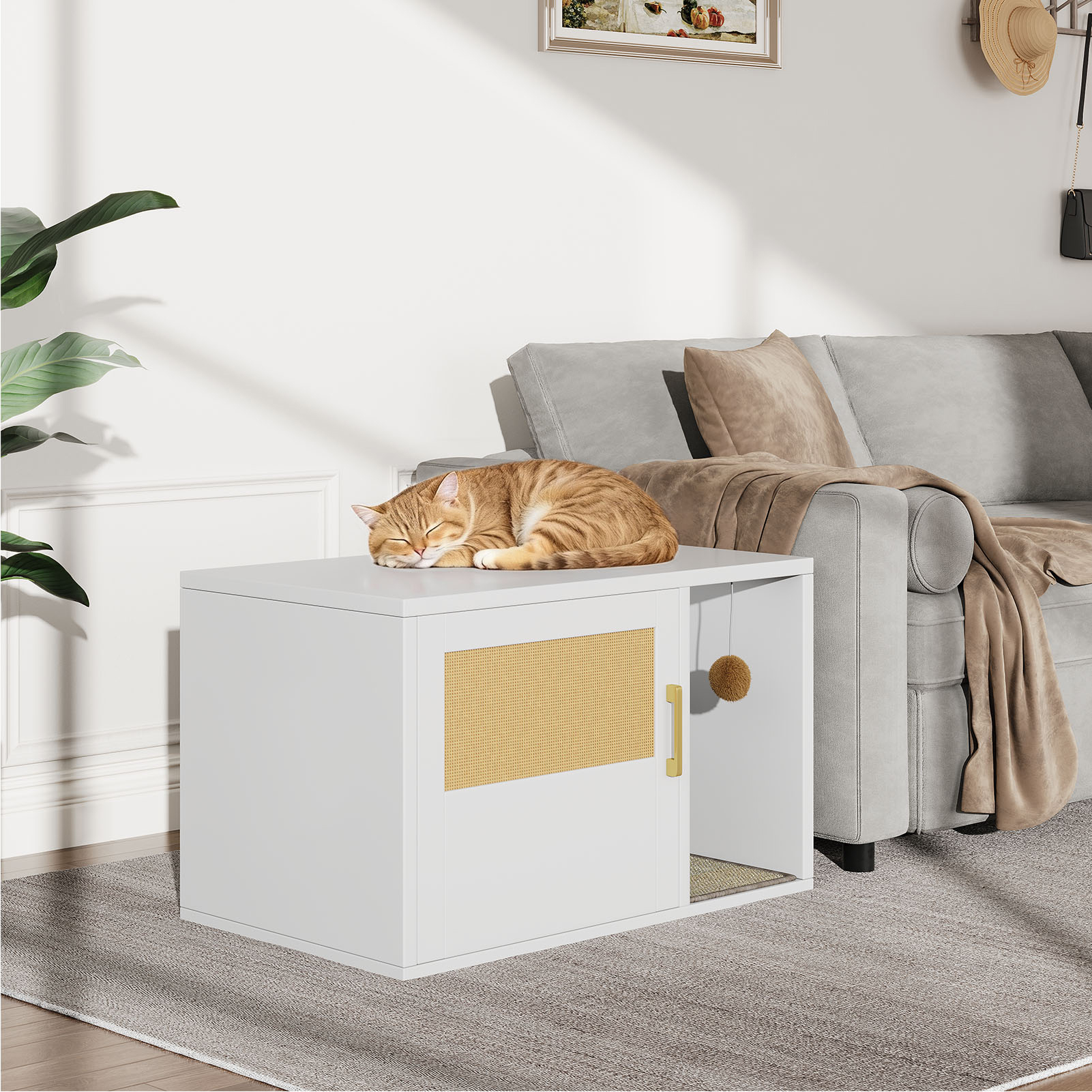 Caja de Limpieza para Gatos Multifuncional de Diseño Blanco Moderno Casa para Gatos con Lavabo y Mesa de Sílabo para Dormitorio y Salón — imagen 2