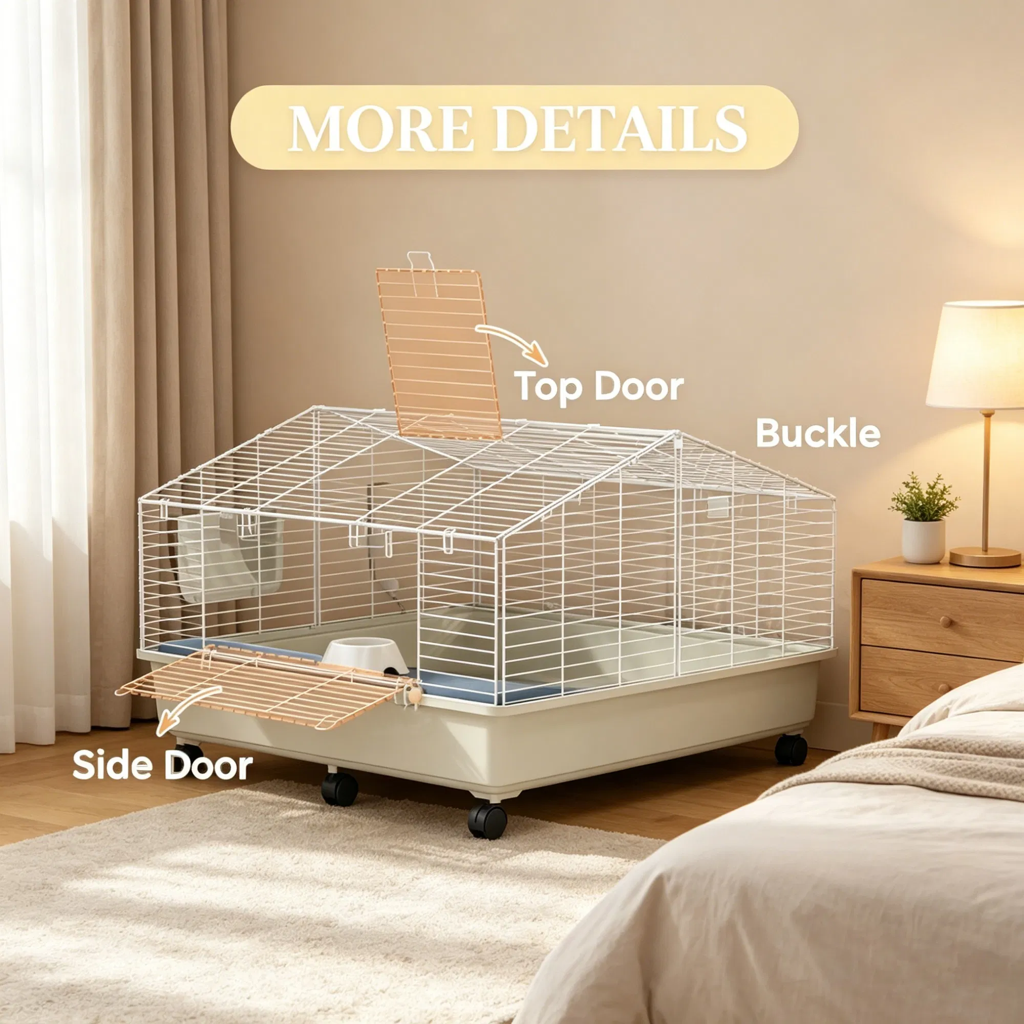 35"35"25" Rolling Small Animal Cage with Water Bottle Hay Feeder Food Dish for Rabbits Hedgehogs Guinea Pigs — image 5