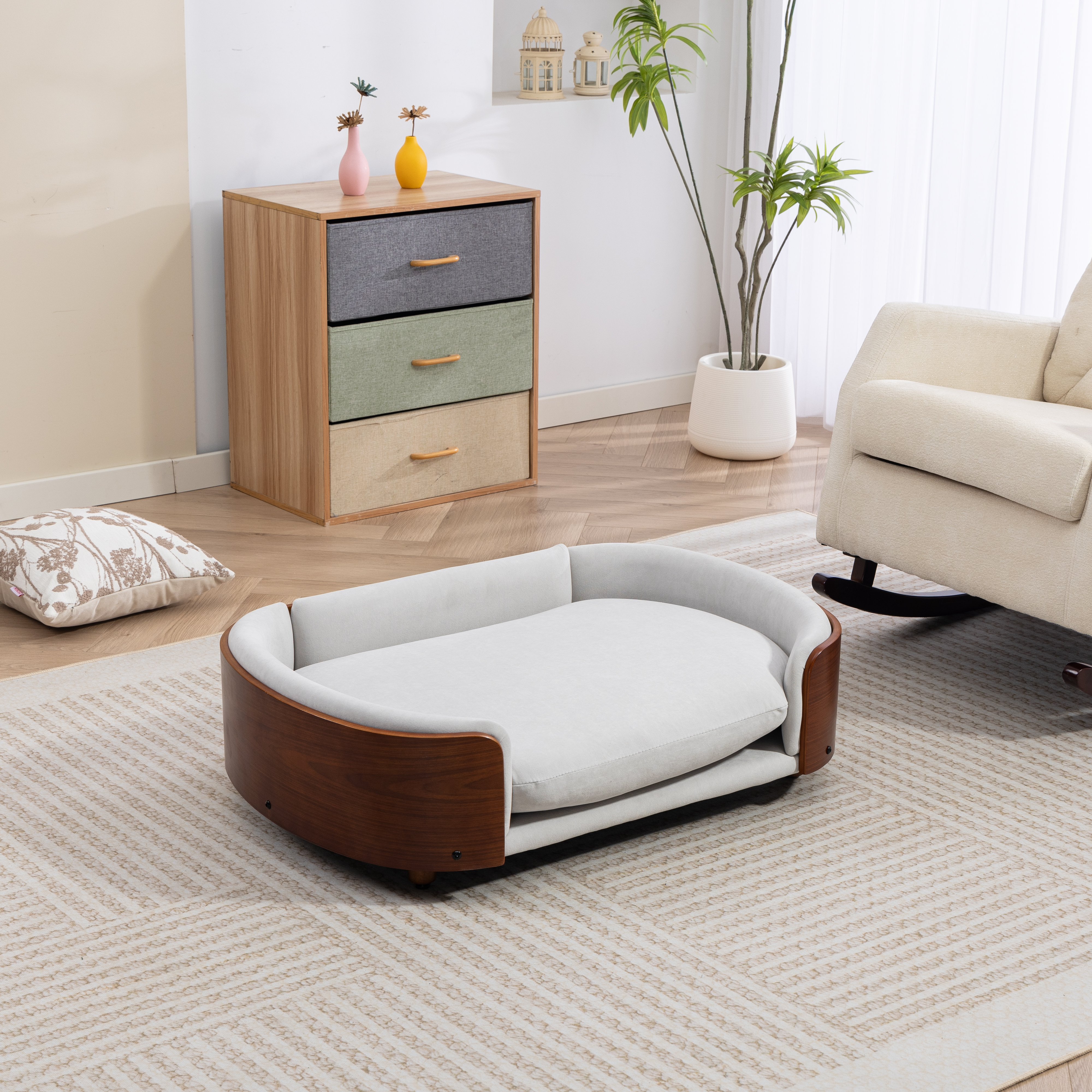 Sofá para Perros de Estilo Escandinavo con Patas de Madera Sólida y Espalda de Madera Curvada de Roble, Tela Gris Claro, Tamaño Grande — imagen 2
