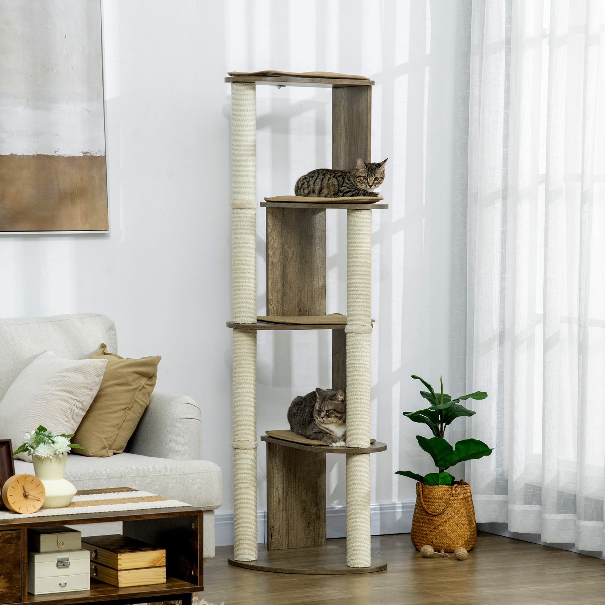 Árbol para Gatos de Esquina Moderno y Alto de 65" para Trepar, Torre Multinivel Grande con Postes Rascadores, Torre Compacta para Gatitos con Sisal, Blanco Crema — imagen 1