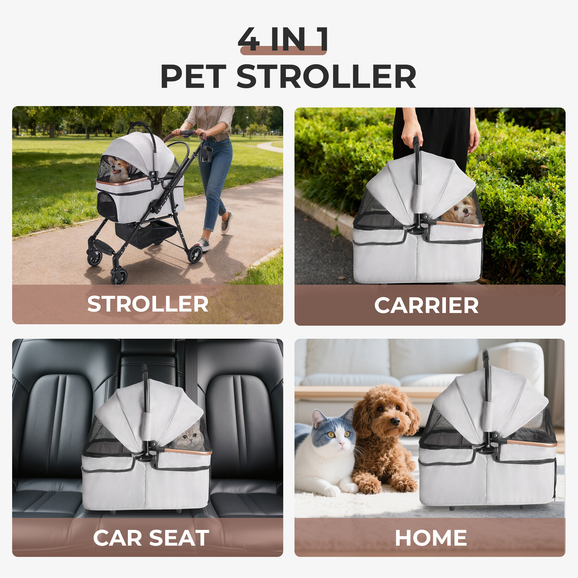 Cochecito Plegable de 4 Ruedas para Perros y Gatos, Ruedas Giratorias 360°, Portador Separable y Bolsa de Viaje para Animales Pequeños — imagen 3
