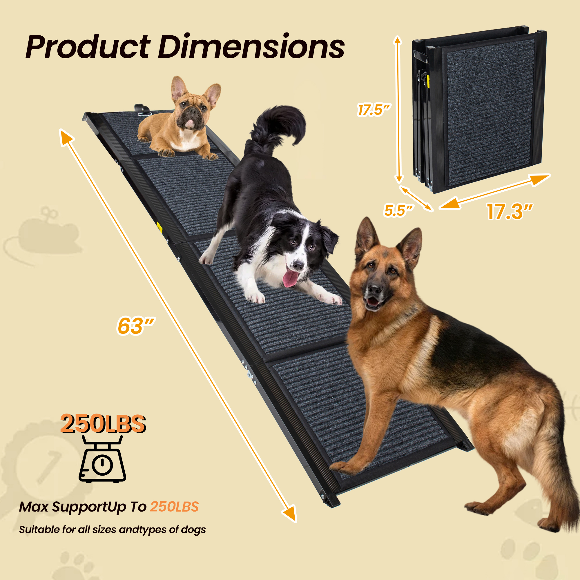 Folding Dog Ramp For Cars, 63 Long & 17.3 Wide Portable Dog Ramps For Large Dogs With Non-Slip Rug Surface Dog Car Ramp For SUV Car & Truck, Supports Up To 250 Lbs — image 5