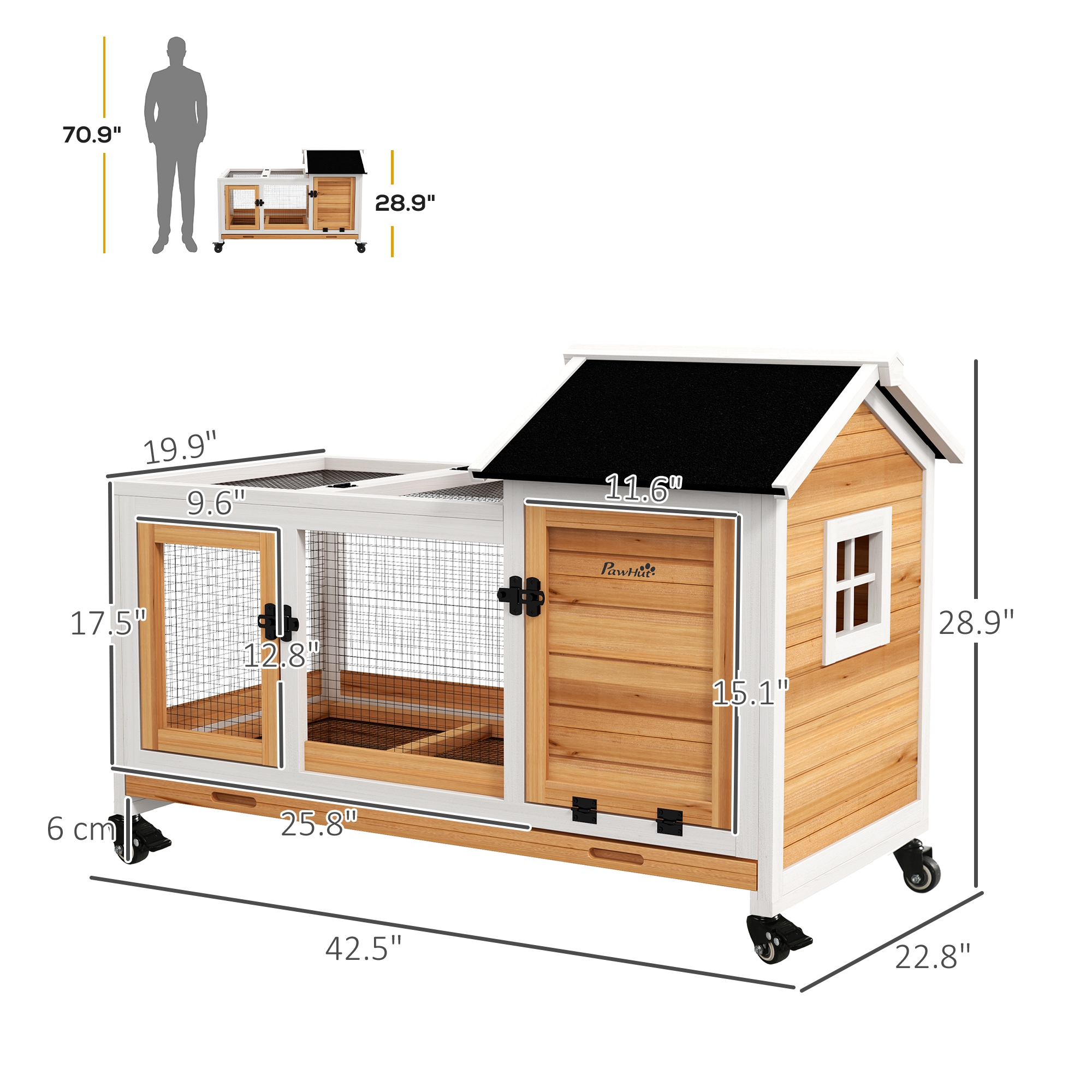 Wooden Rabbit Hutch with Wheels, Run, Slide-out Tray for Small Animals, Guinea Pig, Yellow — imagen 2