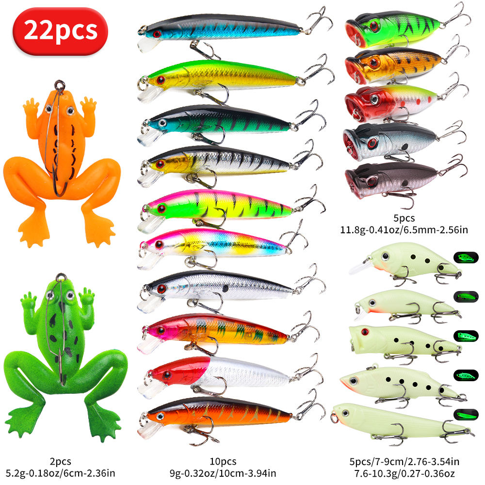 Kits de Señuelos de Pesca 22pcs 58pcs 102pcs, Set Multifuncional de Señuelos Flotantes de Superficie y Natación, Equipado con Ranas Suaves y Anzuelos de Alto Tono, Usados para Pesca de Lobina — imagen 1