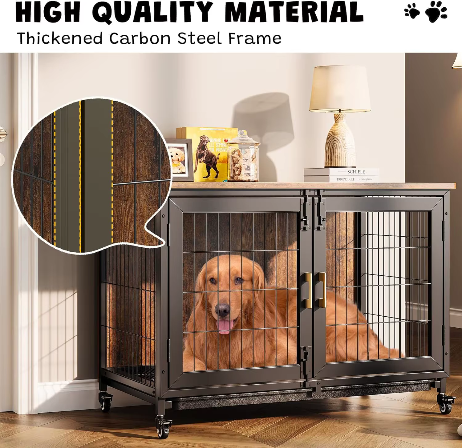Wooden Dog Crate with Lockable Wheels, Removable Tray, and Durable Steel Frame — image 5