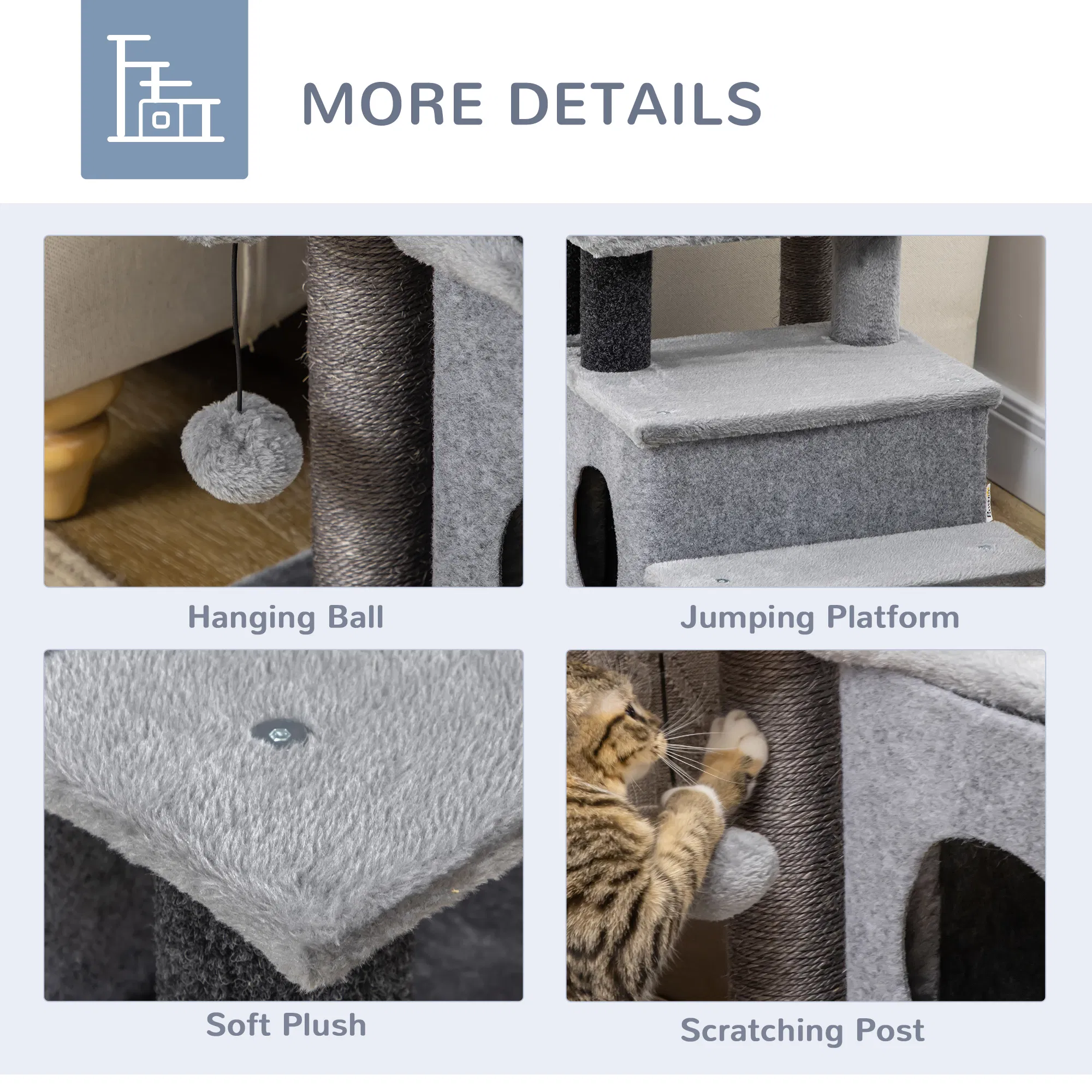 Cat Stairs Pet Steps for Couch Bed with Scratching Posts Condo Ball Toy, 23.6" x 15.7" x 26", Grey — image 6