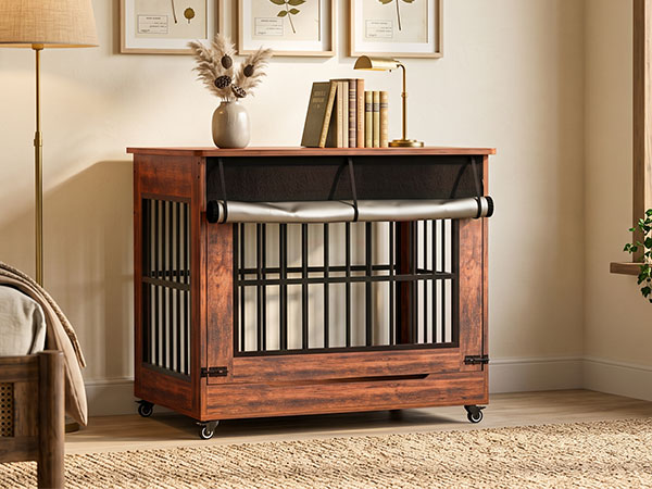 Large Dog Crate Furniture, Double Door Wooden Indoor Dog Kennel Furniture, Decorative Pet Cage End Table With Wheels For Large Breed Dogs, Size XL, Greige — image 11