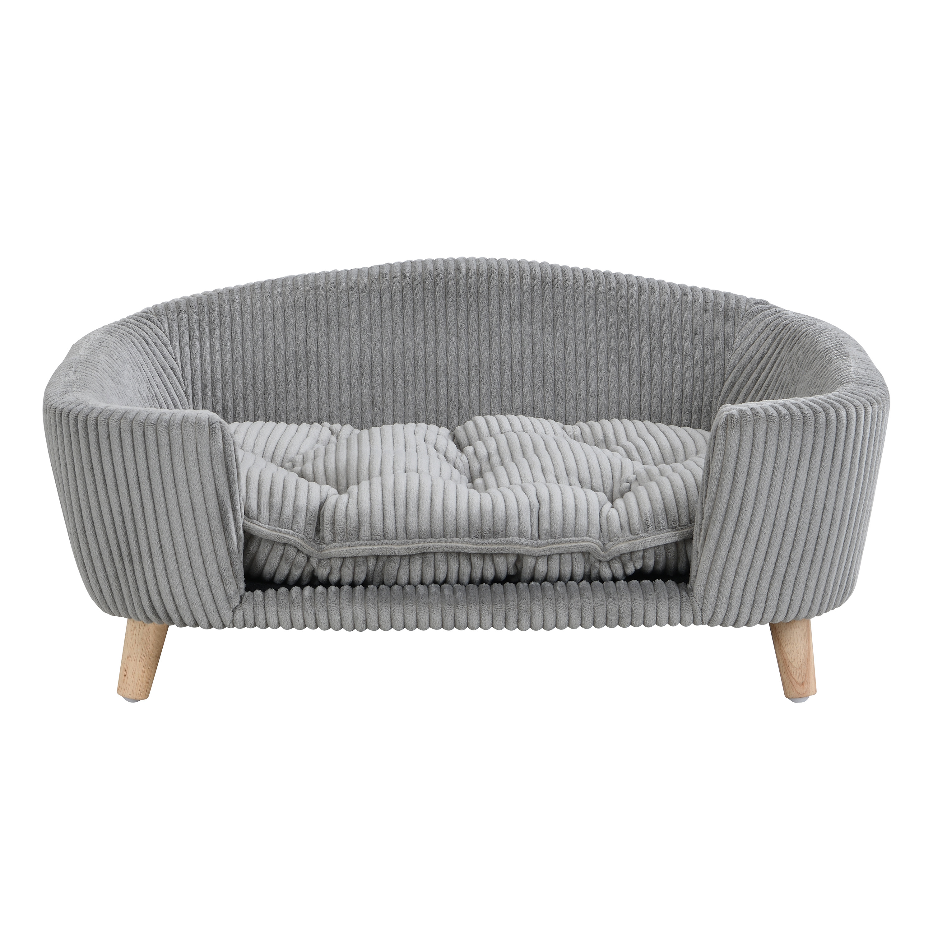 Elevated Dog Bed Frame for Small Dog, Corduroy Pet Couch Bed with Rubber Wood Legs and Supportive Foam, Grey, Easy Assembly — image 11