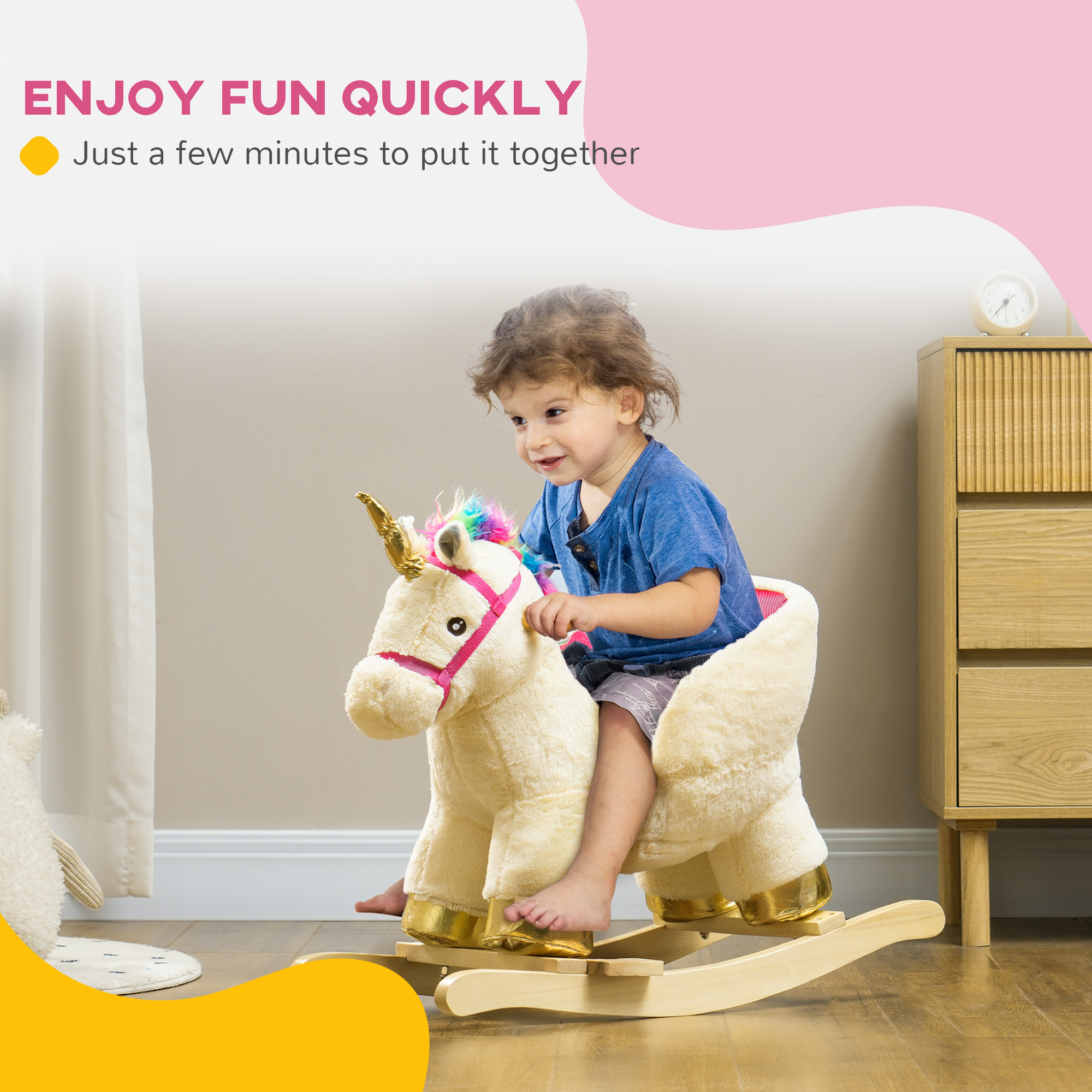 Kids Rocking Horse, Unicorn with Realistic Sound, Safety Belt & Wooden Base for 18-36 Months — image 4
