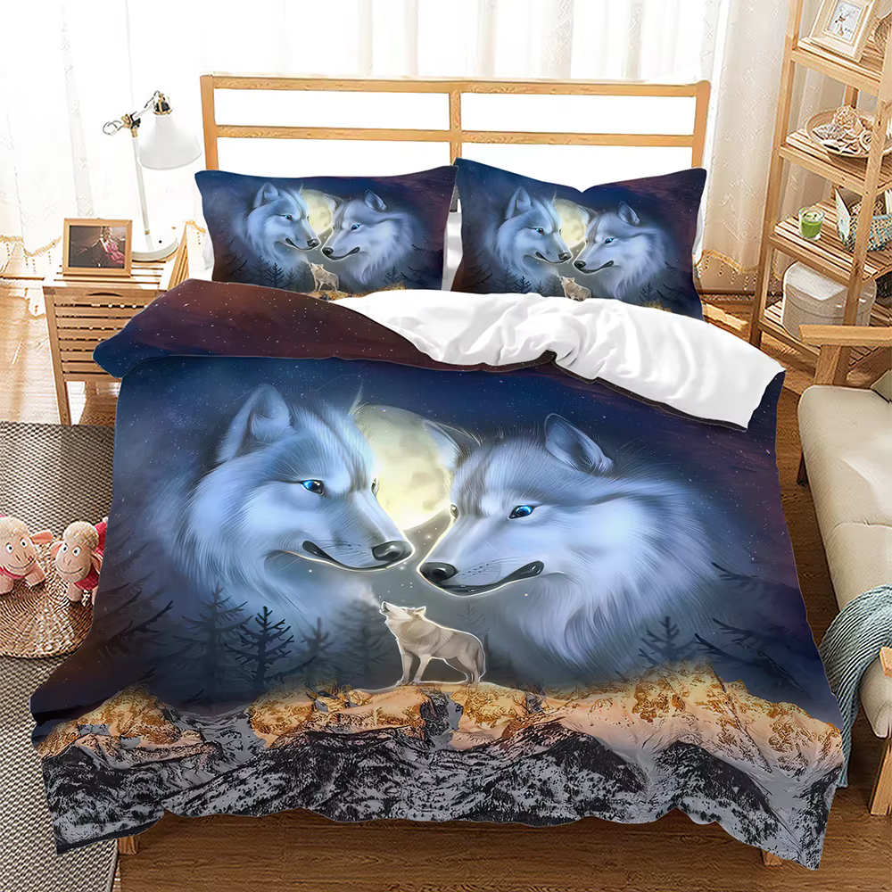 Caja de Cama 3D de Vida Salvaje de Lobo con Campo de Nieve y Árbol, Conjunto de Ropa de Cama Completa para Cama Twin/Queen/King — imagen 3