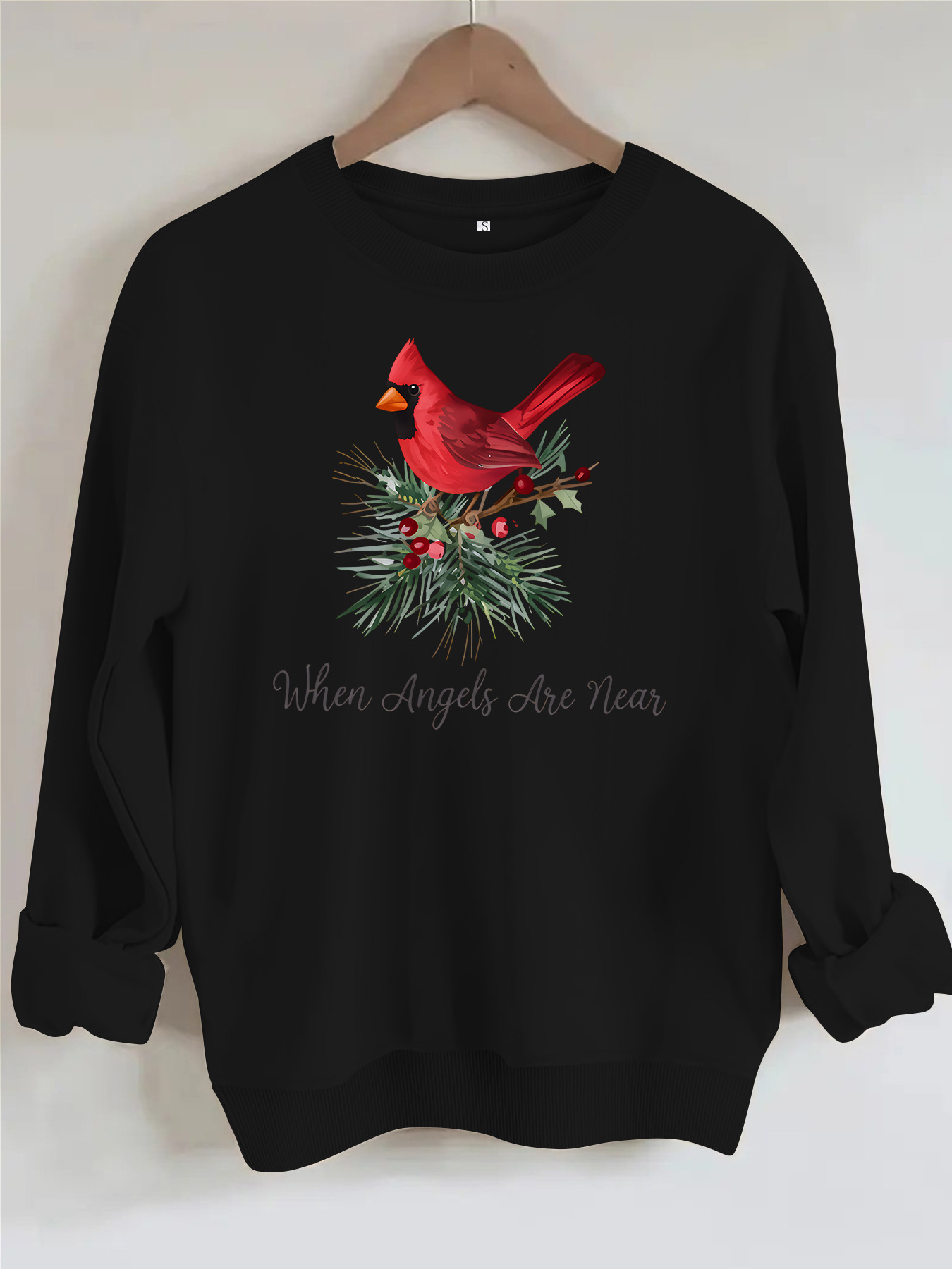Red bird print round neck fleece hoodie — image 10
