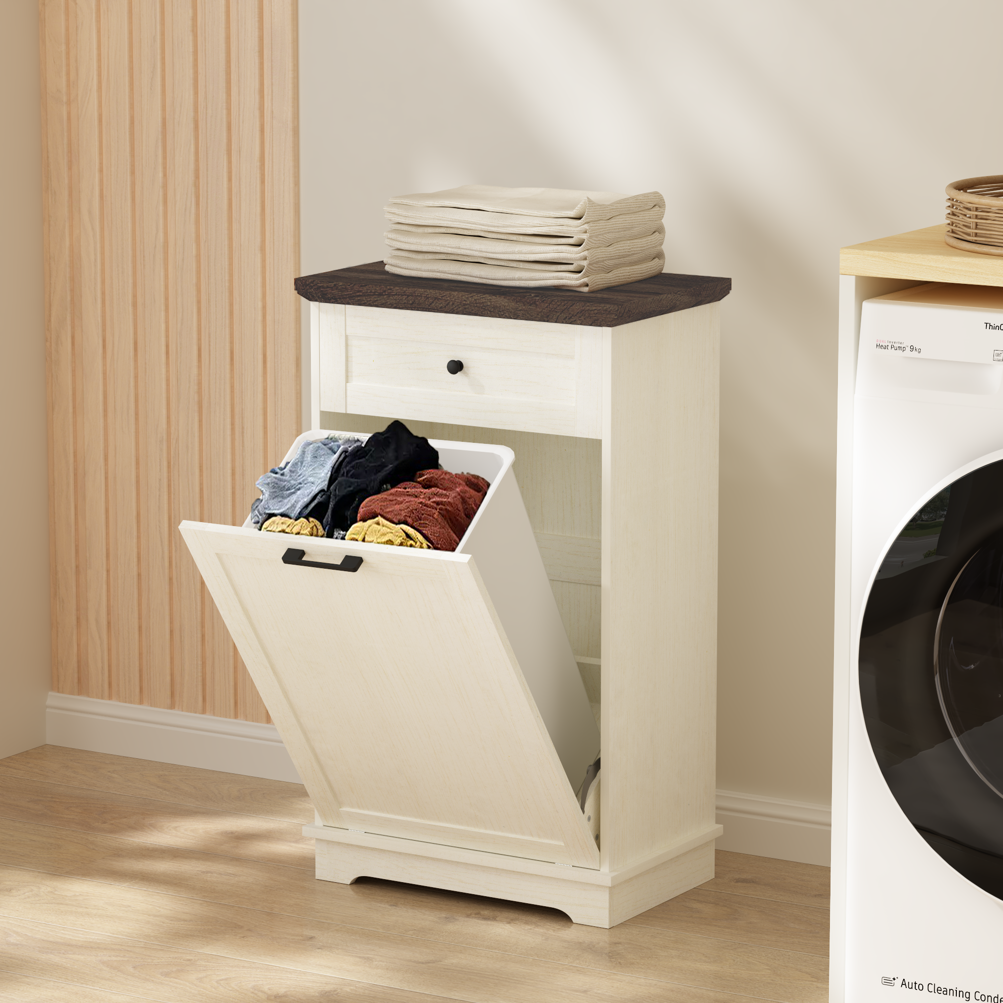 Mueble Basculante para Basurero de 10 Galones, Mueble Independiente para Bote de Basura, Mueble de Madera para Basura y Reciclaje con Cajón, a Prueba de Mascotas, para Cocina y Sala de Estar, Blanco Antiguo (No Incluye el Bote de Basura) — imagen 32