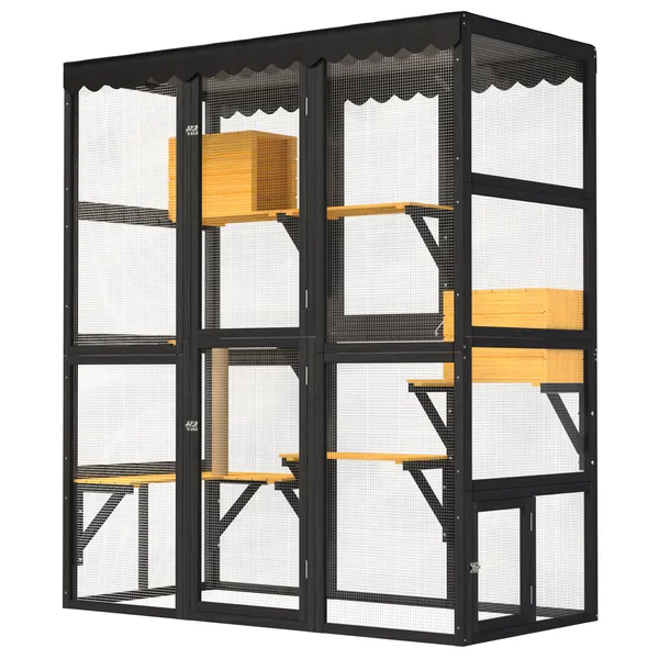 Catio para Gatos al Aire Libre: Encierro Exterior Grande de Madera con Conexión de Ventana para Varios Gatos, Casa para Gatos con Acceso Peatonal, 2 Condominios, 5 Plataformas, 4 Puertas y Cubierta Resistente al Tiempo — imagen 4