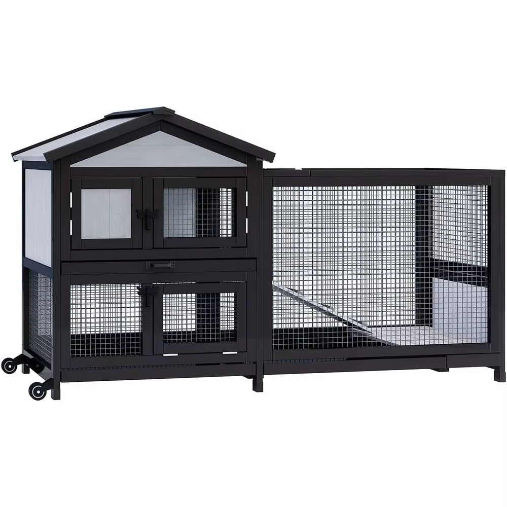 Caja para Conejos 58" Cárcel de Conejos Exterior e Interior Coop de Pollos para Conejos y Guinea Pigs con Ruedas con 3 Rejillas Profundas Sin Derrames Retirables — imagen 6