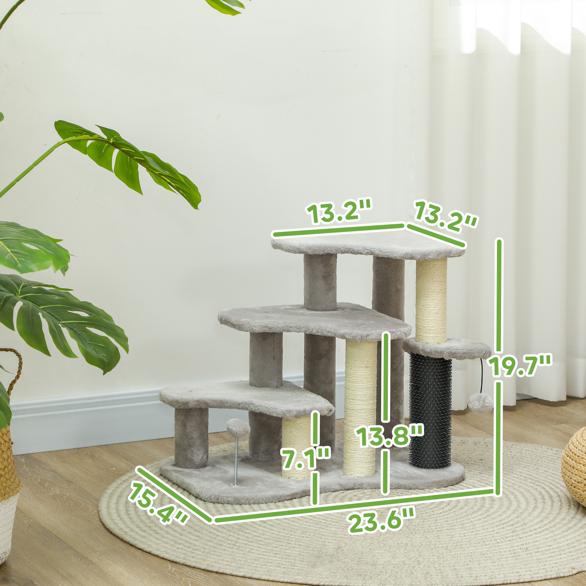 Torre Rascador para Gatos 2 en 1 Escaleras de 3 Escalones con Postes Rascadores, Poste de Cosquillas y Bolas de Juguete, para Camas Altas y Sofás — imagen 2