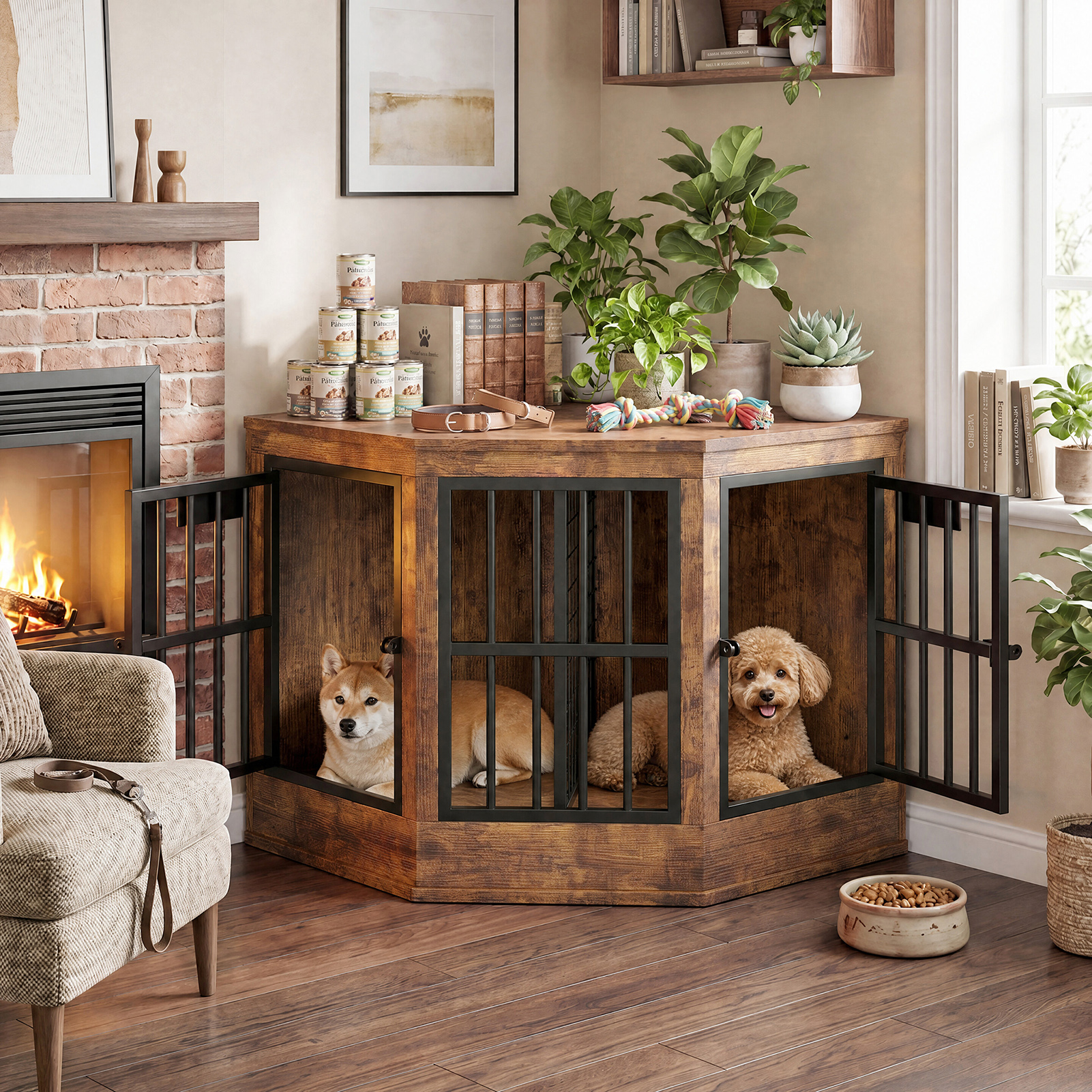 Corner Dog Crate Furniture Modern Indoor Dog Cage Decorative Pet House TV Stand For Medium And Large Sized Dogs Brown — image 5