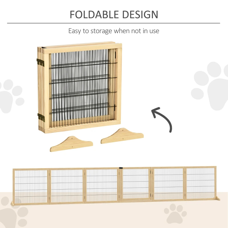 PawHut Wooden Pet Gate, 6-Panel Folding Dog Safety Barrier With Support Feet For Small & Medium Dogs, Natural Wood — image 3