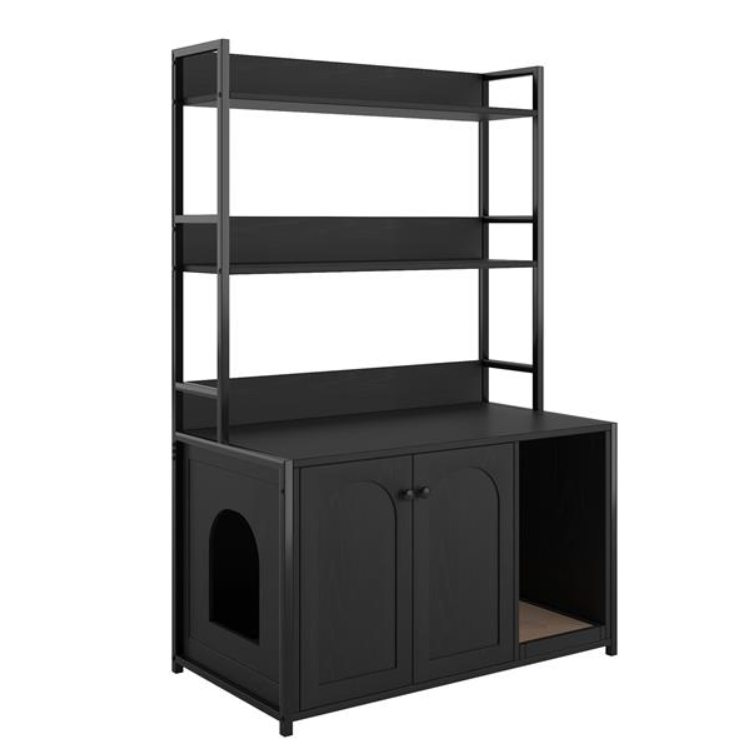 Large Cat Litter Box Enclosure With Shelf Storage, Hidden Cat Washroom Furniture, Wooden Cat House With Scratch Pad, Sturdy Indoor Cat Cabinet With 2 Doors Black — imagen 12
