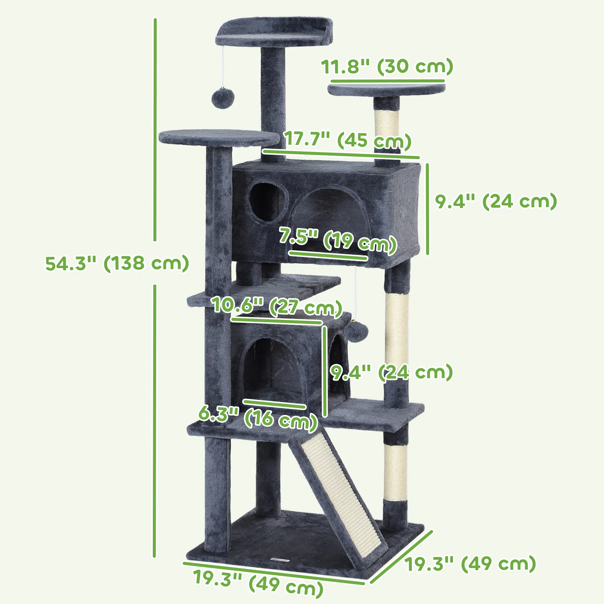 54" Cat Tree, Multi-Level Cat Tower with Scratching Posts, Cat Condos, Bed, Platforms, Ramp, Toy Ball, Dark Grey — image 3